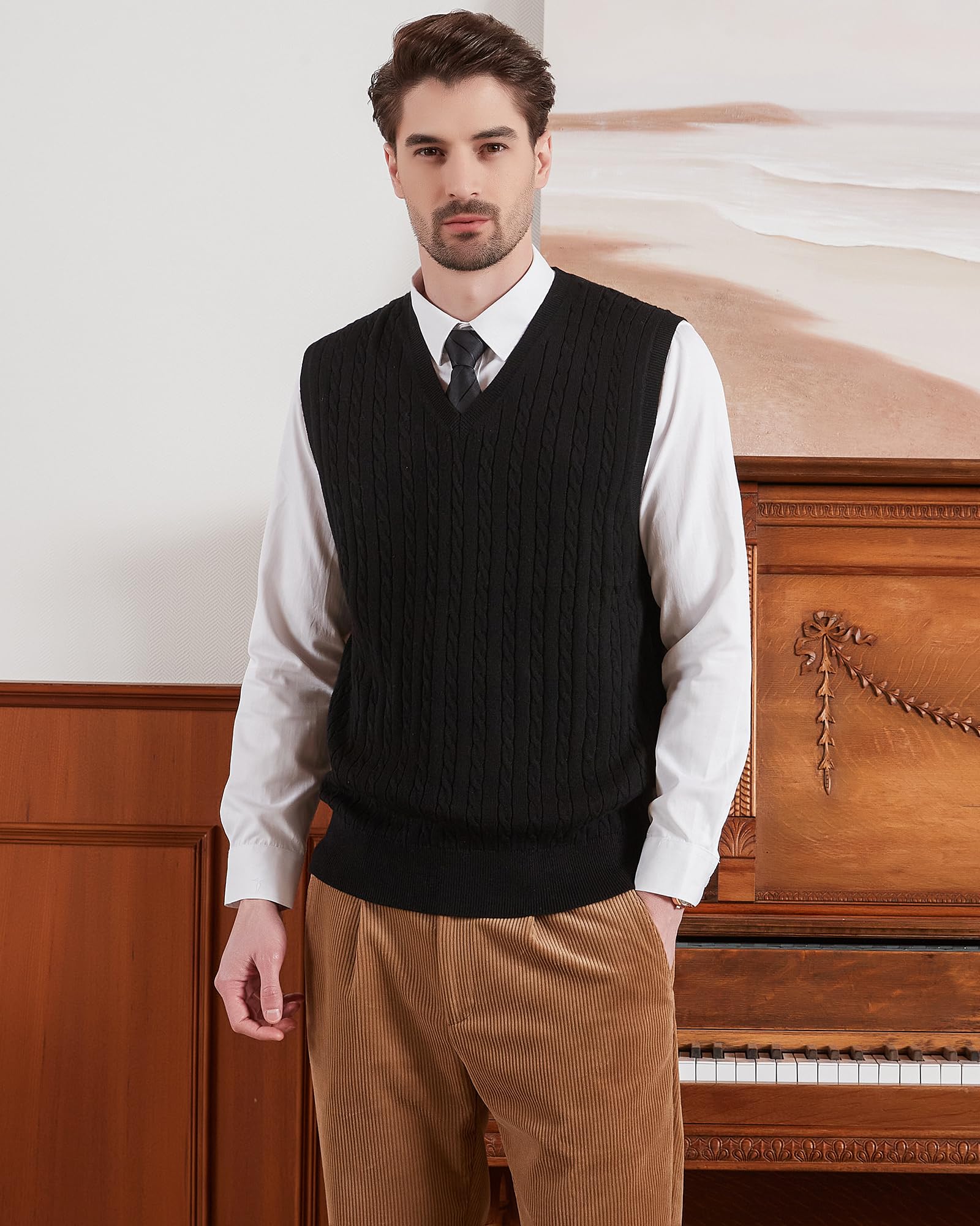 Kallspin Homme Gilet Pull col en V en Laine mélangée sans Manches tricoté