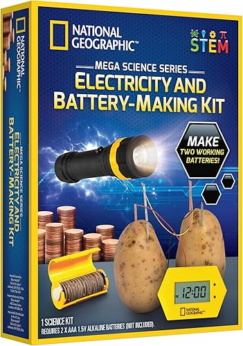 Kit de fabricación de baterías National Geographic - Reloj de papa y linterna alimentada por centavos, kit de ciencia de 2 proyectos STEM de