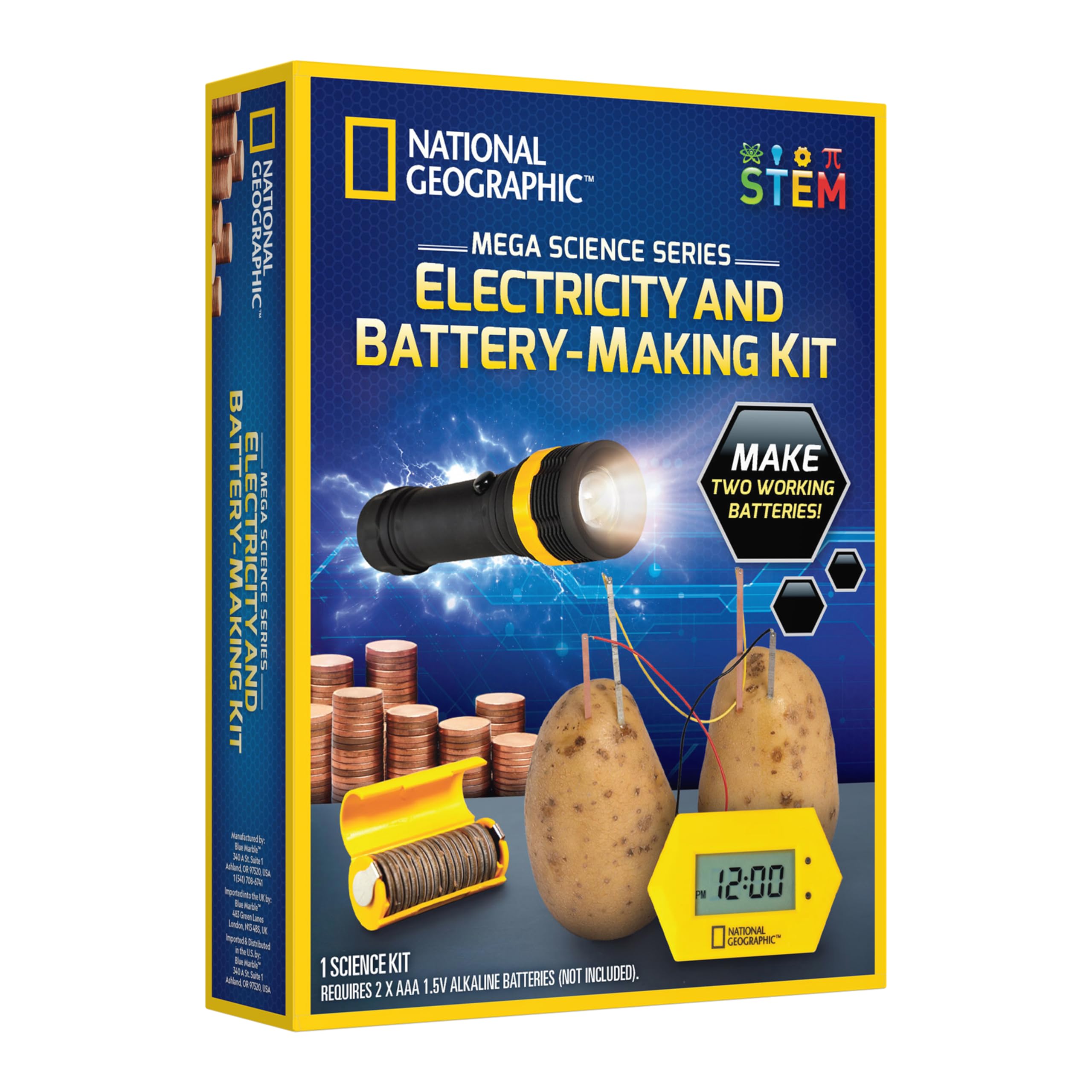 NATIONAL GEOGRAPHIC Battery Making Kit - Potato Clock and Penny Powered Flashlight Science Kit, 2 Electricity STEM Projects for Kids, Electrical Circuit Toy for Boys and Girls (Amazon Exclusive)