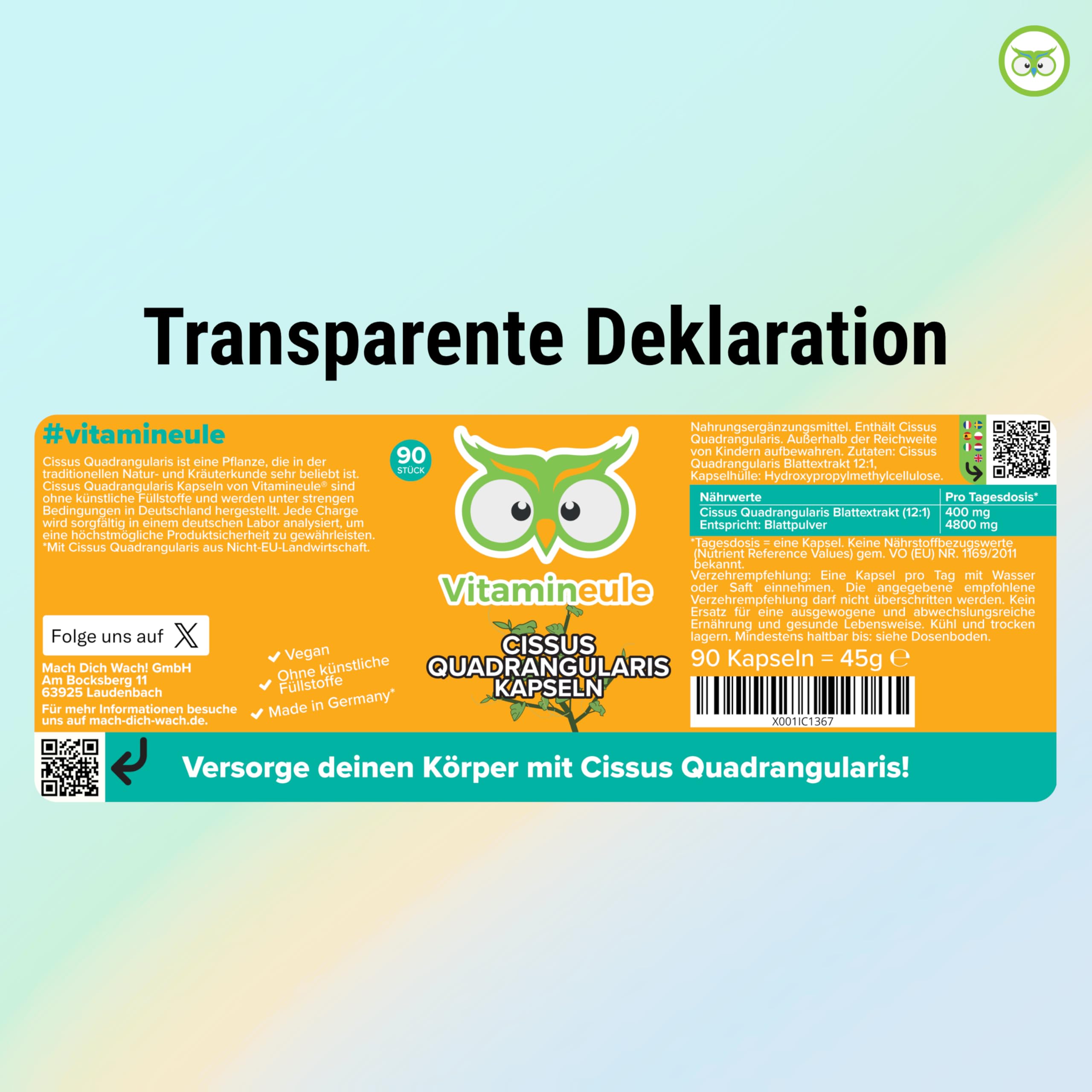 Cissus Quadrangularis Kapseln - hochdosiert 4800 mg (400 mg 12:1 Extrakt) - 40% Ketosterone - bioaktiv & vegan - Produktion in Deutschland - laborgeprüft & ohne Zusatzstoffe - Vitamineule®