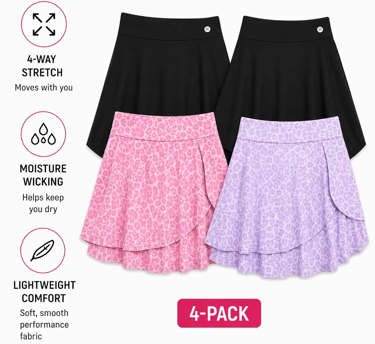 RBX Skorts for Girls - 4 Pack Pleated Athletic Tennis Skirts with Built-in Bike Shorts - Golf Outfits, School Uniform (7-16)