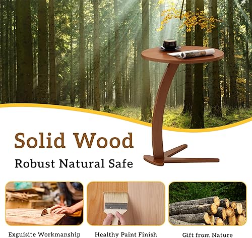 Miniatura 4 de Mesa auxiliar redonda de madera Mesa auxiliar moderna en forma de C de 15 '' con madera maciza natural, mesita de noche pequeña para sala de estar,