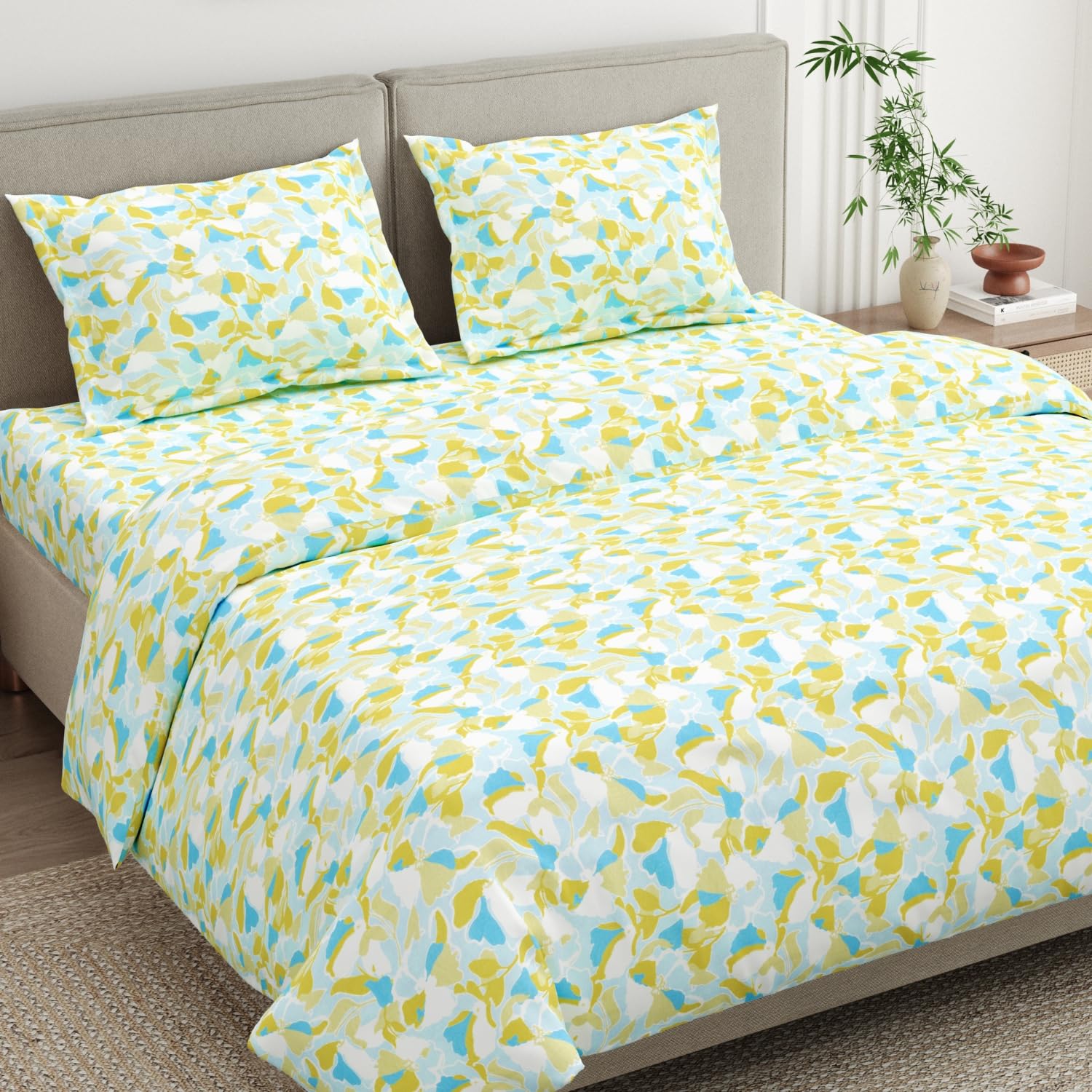 haus & kinder Double Bedsheet for Queen Size Bed | 90 x 100 Inches 186 TC Cotton Bedsheet for Double Bed with 2 Pillow Covers - Summer Mirage