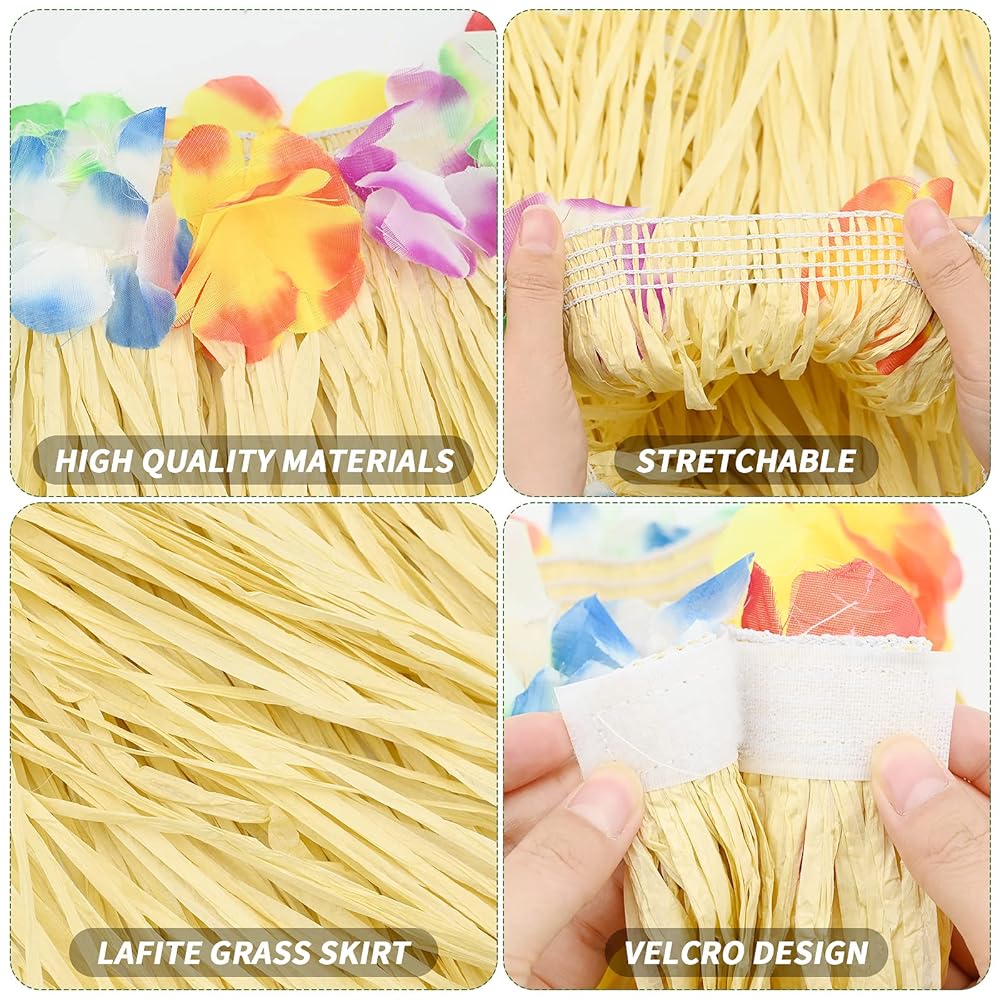 Set 2 Gonne Hawaiane Hula Grass Con Fiore - Gonna Elastica Dorata 80cm Per Feste A Tema Hawaii