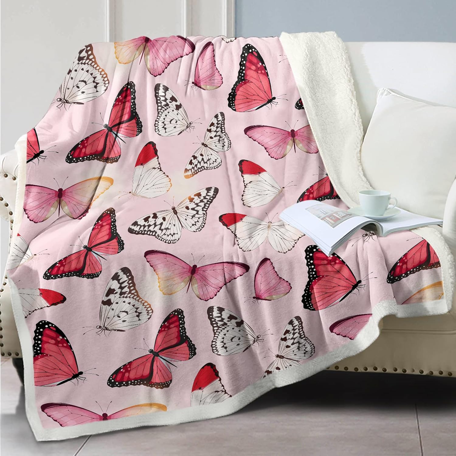 SOULZZZ Pink Butterfly Throw Blanket Red and White