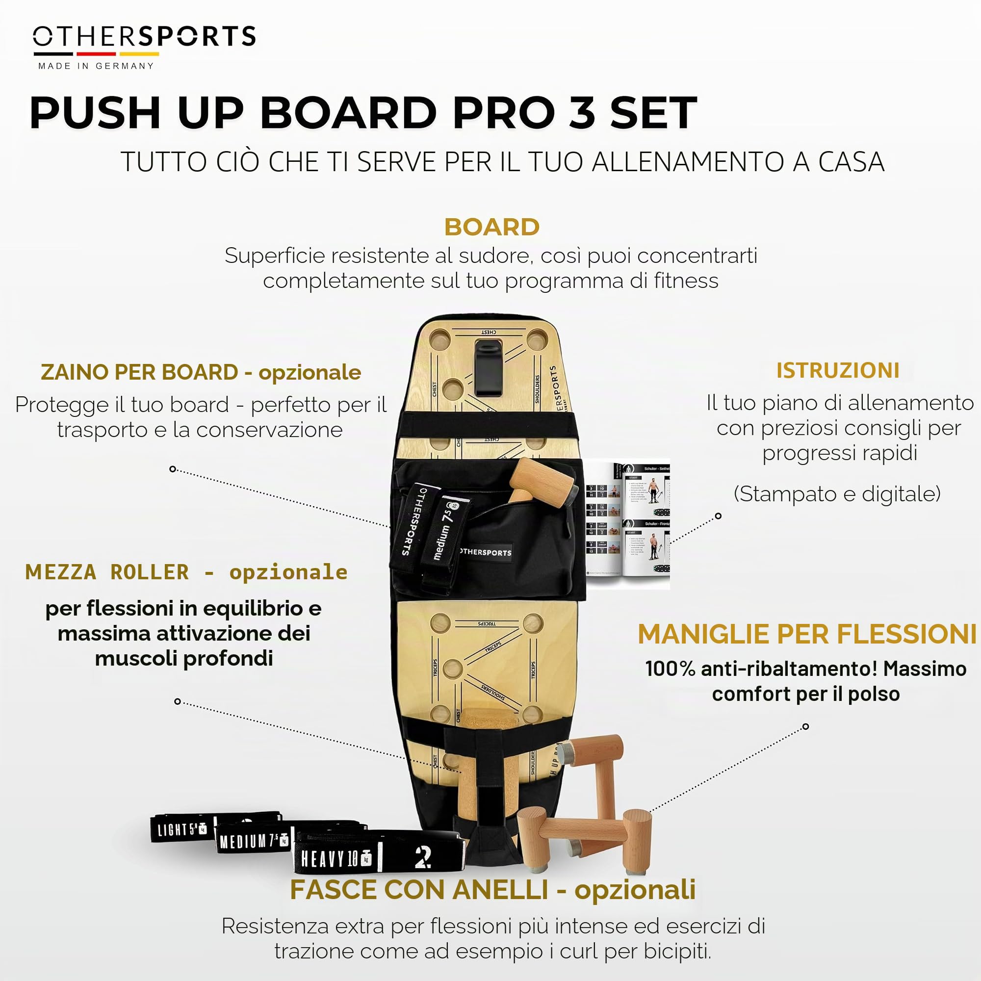Tavola per flessioni in 100% vero legno e sughero, con nastri e istruzioni per l'allenamento in lingua tedesca – Set da tavola push up in legno