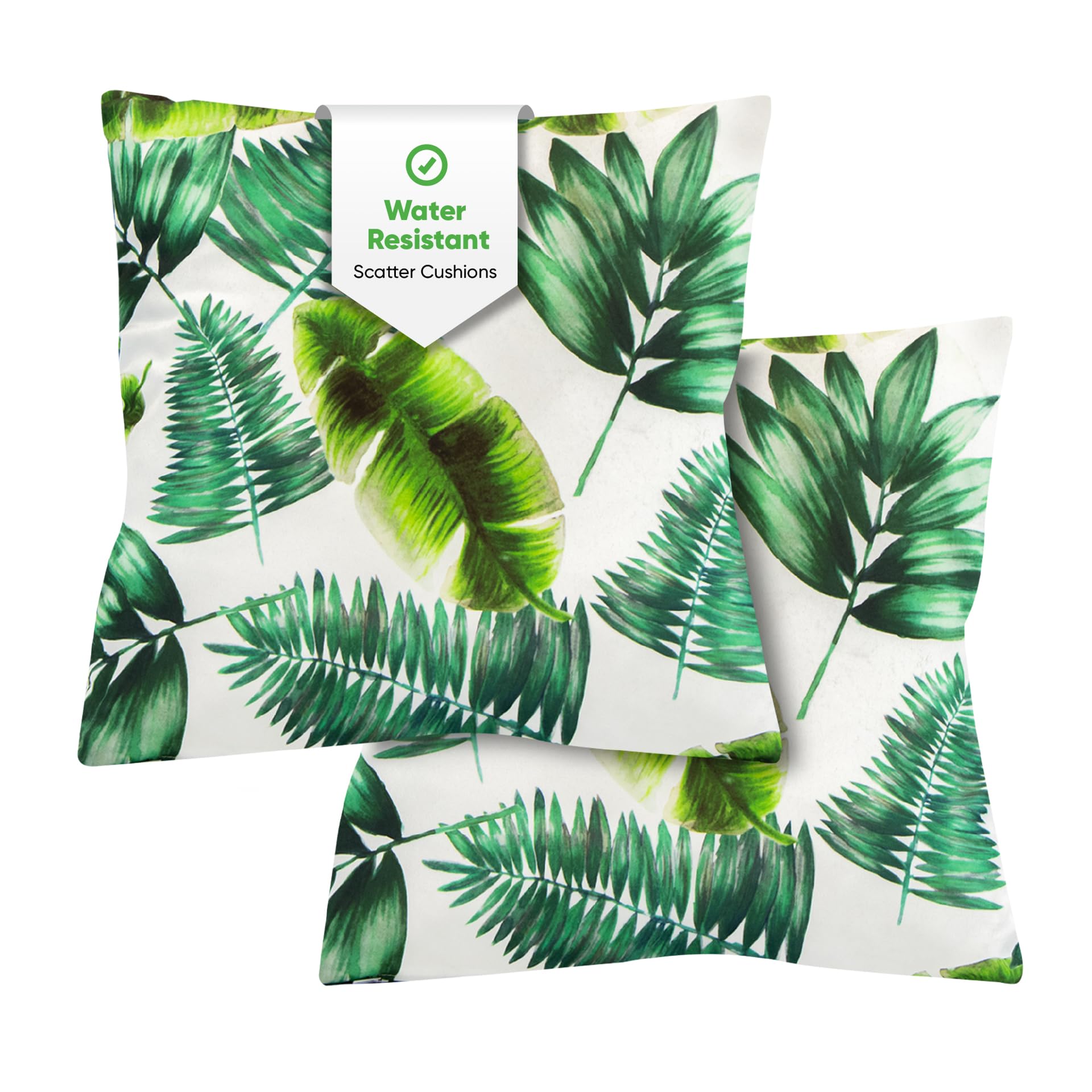 Gardenwize Waterproof Outdoor Cushions 45cm x 45cm Pair – Garden Seat Pads, Patio Chair Cushions, Green Palm Print, Machine Washable & Durable Polyester