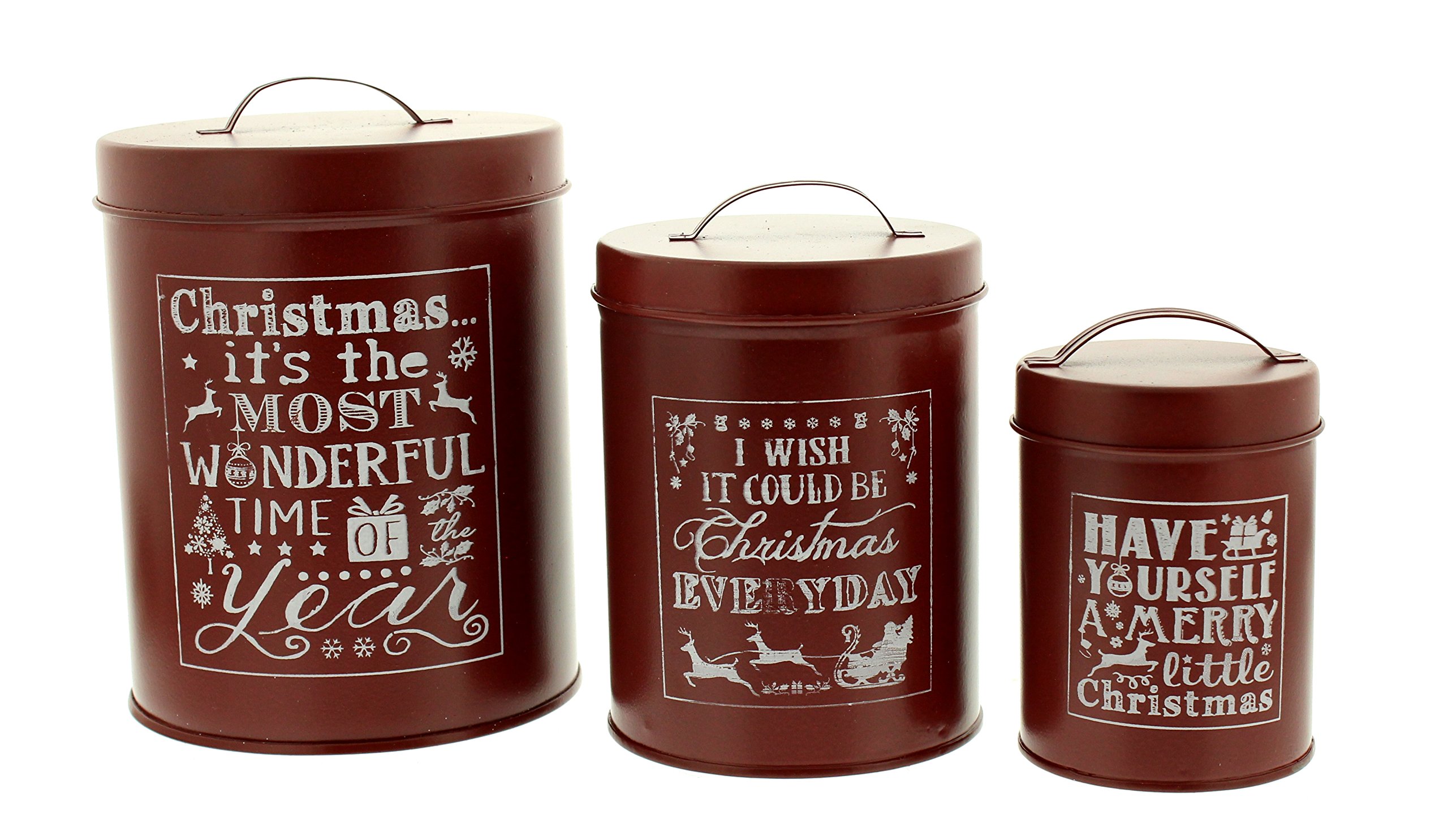 Festive Productions Set of 3 Red Tin Pots White Words, Metal, 13 x 13 x 16 cm