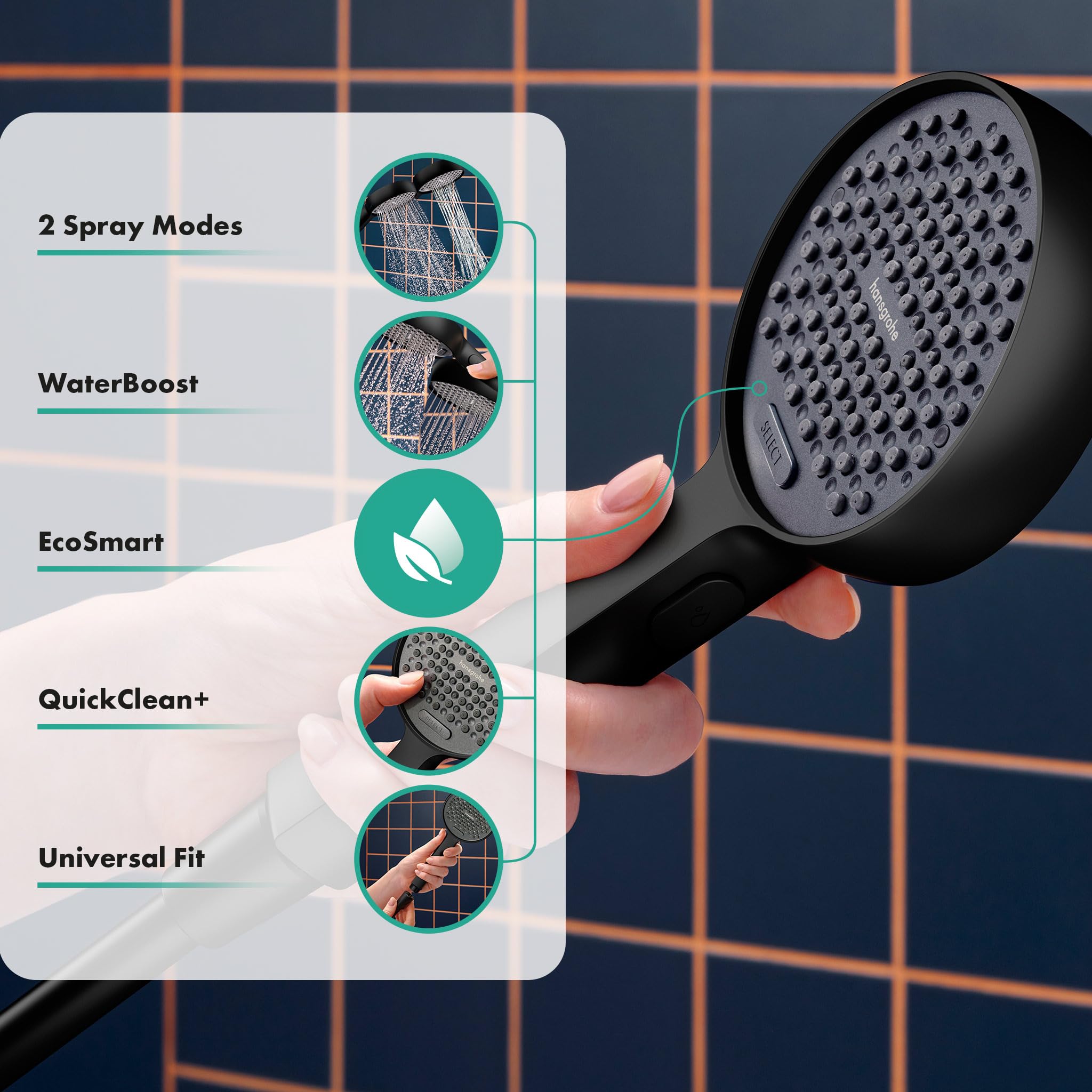 hansgrohe Activera Select S - ducha de mano EcoSmart (max. 6 l/min), con función WaterBoost (max. 9,4 l/min), alcachofa de ducha con 2 tipos de chorro, con sistema antical, negro mate, 28035670