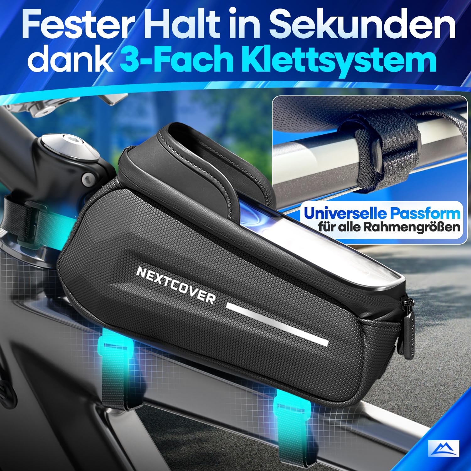 Nextcover® Rahmentasche Fahrrad mit Handytasche I Fahrrad Rahmentasche mit Touchscreen I Fahrradtasche Rahmen Wasserdicht, Oberrohrtasche Bikepacking - Ideal für E-Bike, MTB, Gravelbike, Rennrad