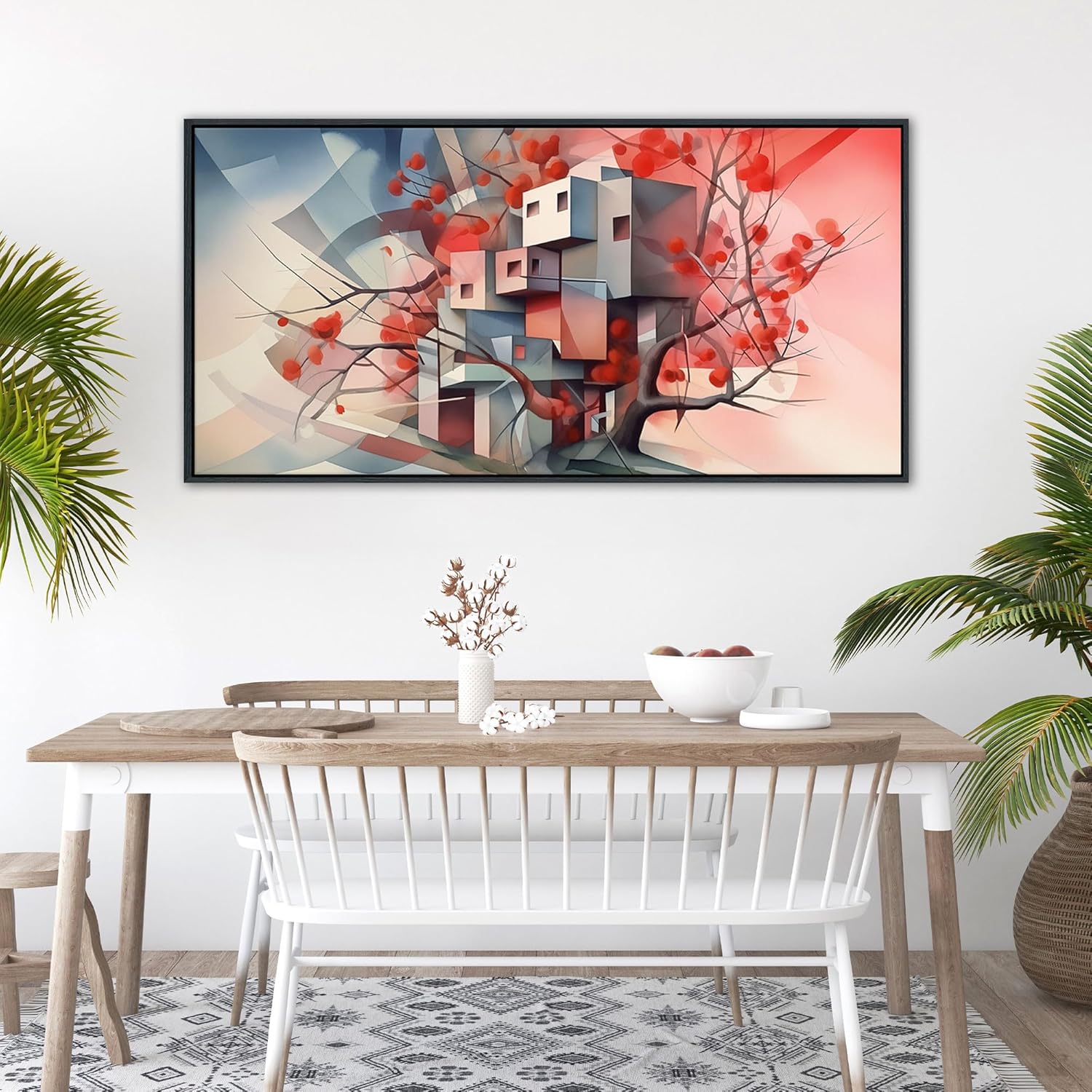 QZQCBLC Abstract Canvas Wall Art, Pink Geometry Ultra Modern Gallery Wall Pictures Grey Tree House Canvas Paintings Framed Artwork for Living room Bedroom kitchen Bathroom Home Decor 20x40 IN 40"L x 20"W Red Abstract