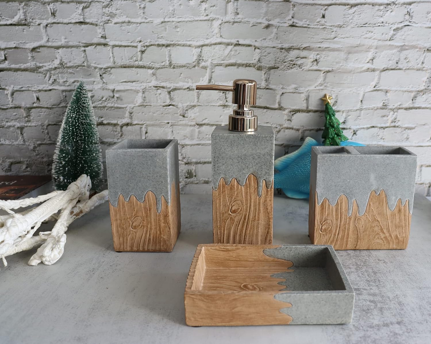 Hymmah Bathroom Accessories Set,Wooden Design Toothbrush Holder,Farmhouse Bathroom Decor,4 Pcs Resin Gift Set Apartment Necessities, Contain Toothbrush Cup,Soap Dispenser,Soap Dish,Tumbler - Image 4