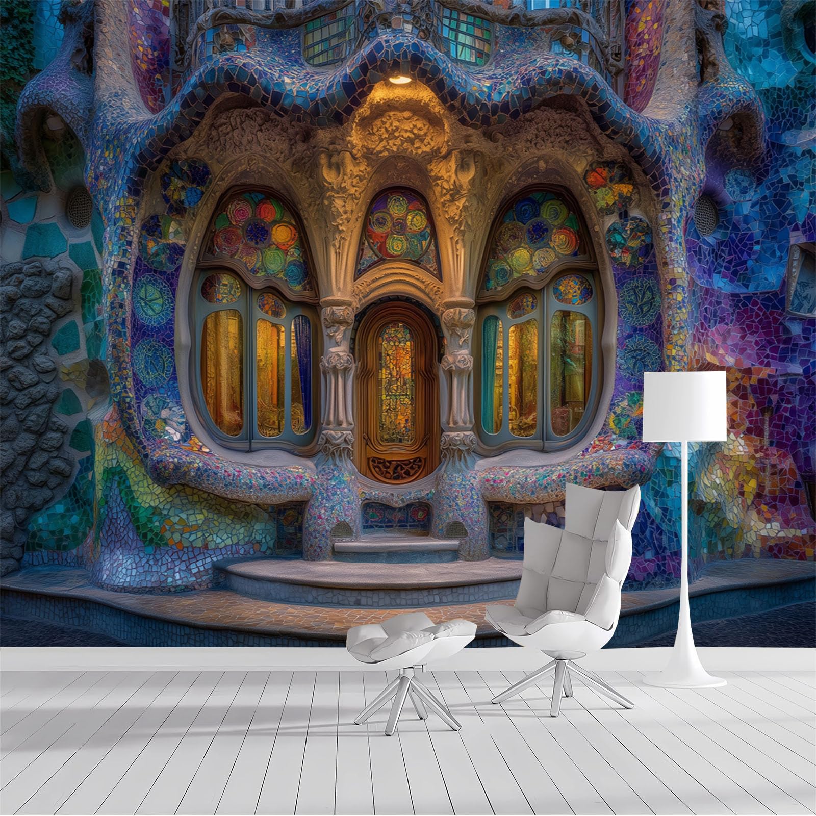 Papier Peint Panoramique Barcelone Mosaïque 3D pour Agrandir un Petit Salon