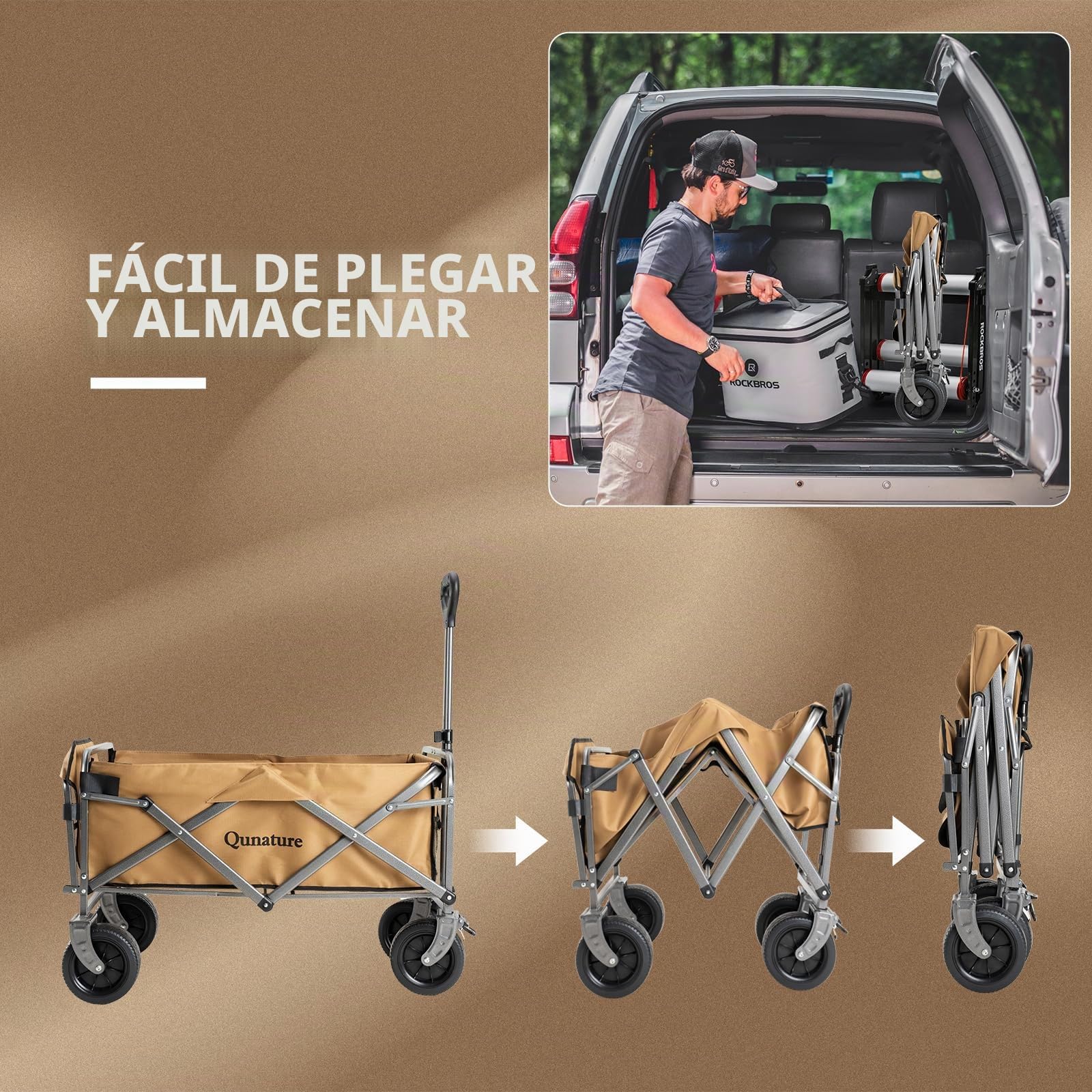 Carro de Mano Plegable 180 L con Ruedas Grandes y Freno, Manija Ajustable, Bolsillos, Carrito Transporte Carga hasta 150 kg para Jardín, Camping, Playa, Picnic y Compras