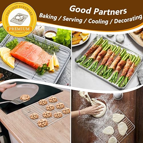 Miniatura 6 de P&P CHEF Sartenes para horno tostador de 10.4 + 9 pulgadas con estantes, 4 piezas de bandeja de horno de acero inoxidable para hornear y estante de