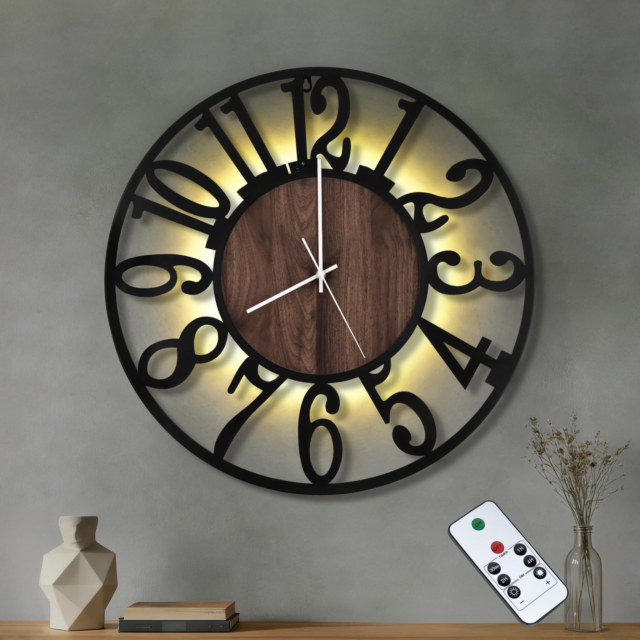 - 24'' Silent Wall Clock with Adjustable Night Light, Glow in The Dark Decorative Wall Clock Battery Operated, Rustic Modern Metal & Wood Clocks for Living Room Decor, Arabic Numerals