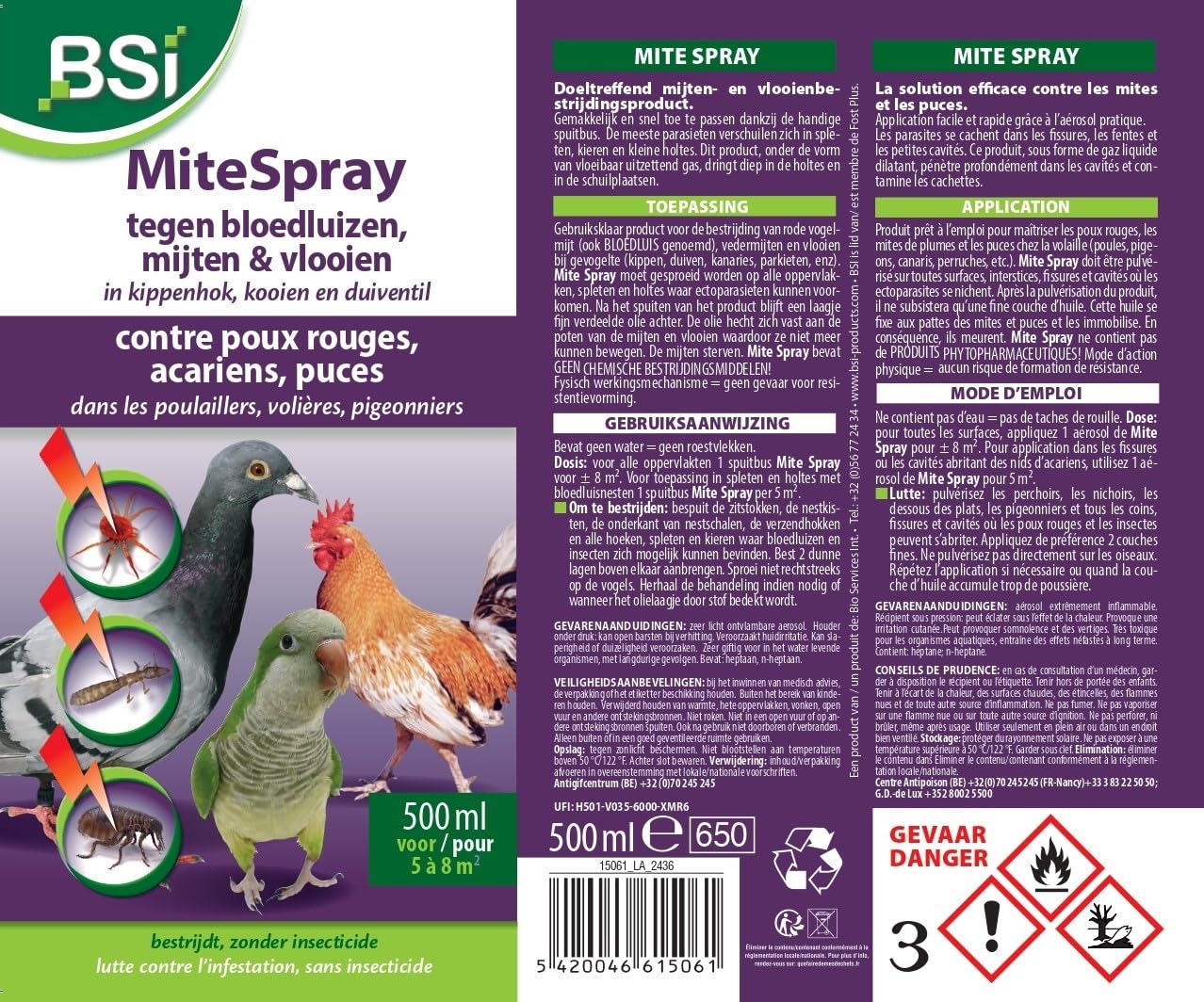 BSI - Biopet Mite-Spray - Contre Les Poux Rouges Ou Puces - Naturel - 500 ML