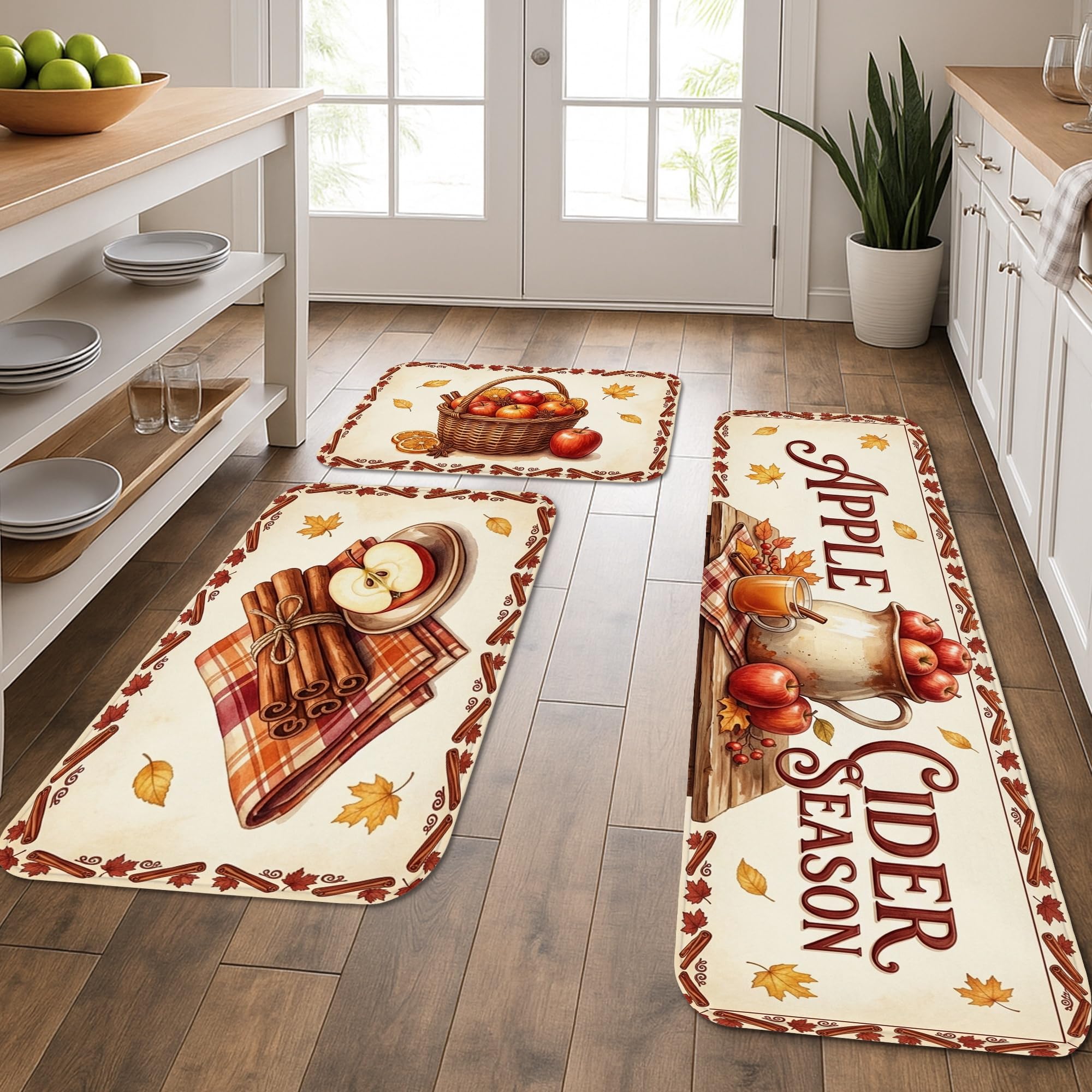 Tapis de cuisine trois pièces lavable rouge automne motif cannelle pour lavabo