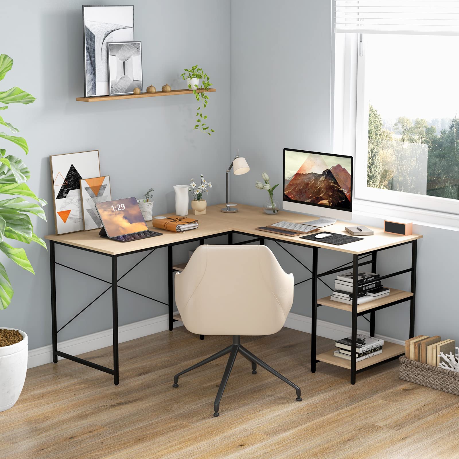 COSTWAY Scrivania Angolare per Computer con Supporto per Monitor, Scrivania Porta PC in Legno, Scrivania Salvaspazio e Moderna per Ufficio e Studio, 242 x 60 x 75 cm (Naturale)