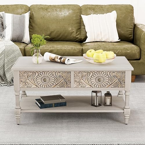 Koncemel Mesa auxiliar rectangular vintage con cajones, mesa central de MDF de 2 niveles con diseño tallado para sala de estar, dormitorio, balcón,