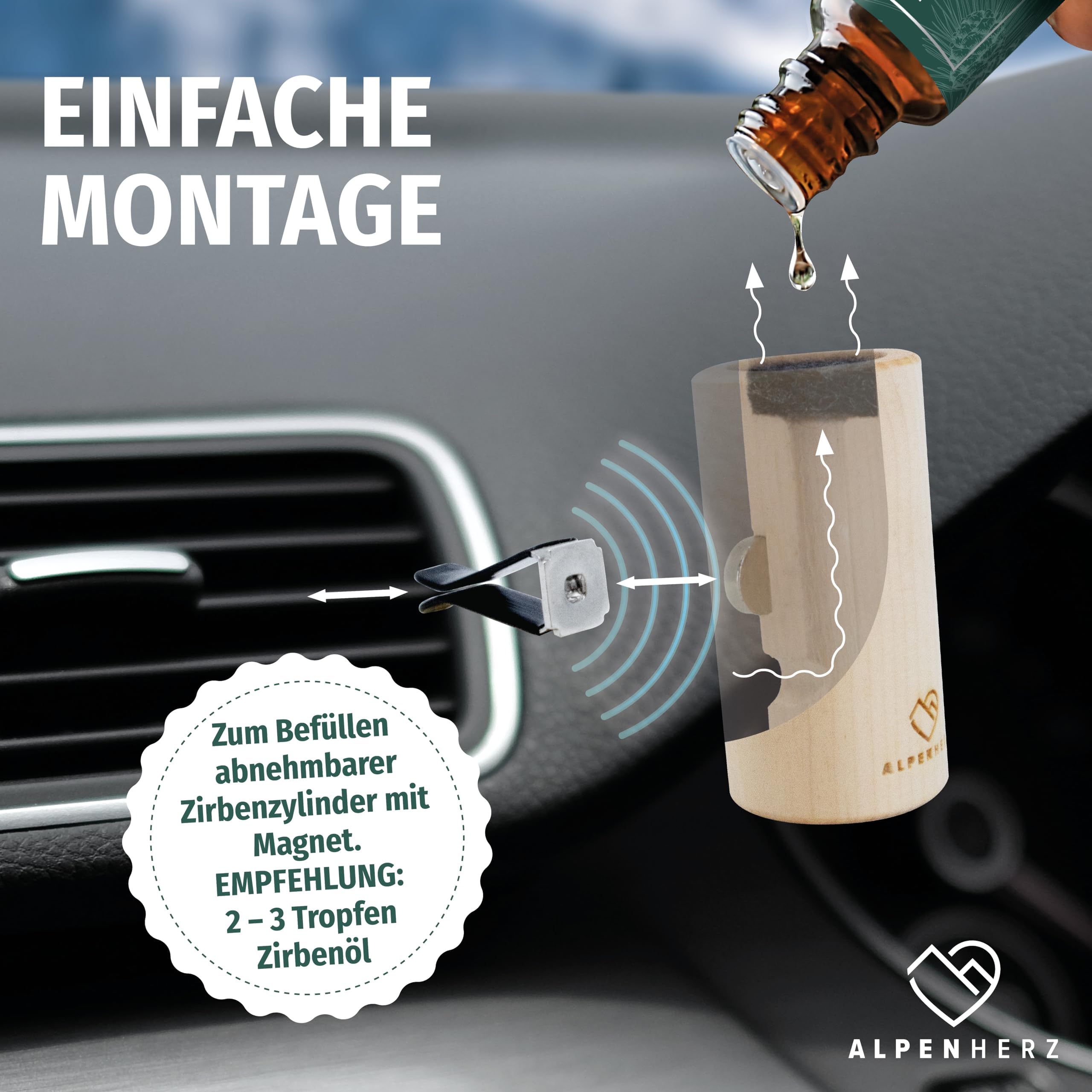 Alpenherz Auto Lufterfrischer aus Zirbenholz wiederverwendbar Duftstecker Zirben Duft Geruchserfrischer Zirbenöl Zirbenduft Autoduft Deko Auto Zubehör Innenraum Geschenk Geruch Lüftung Neuwagen