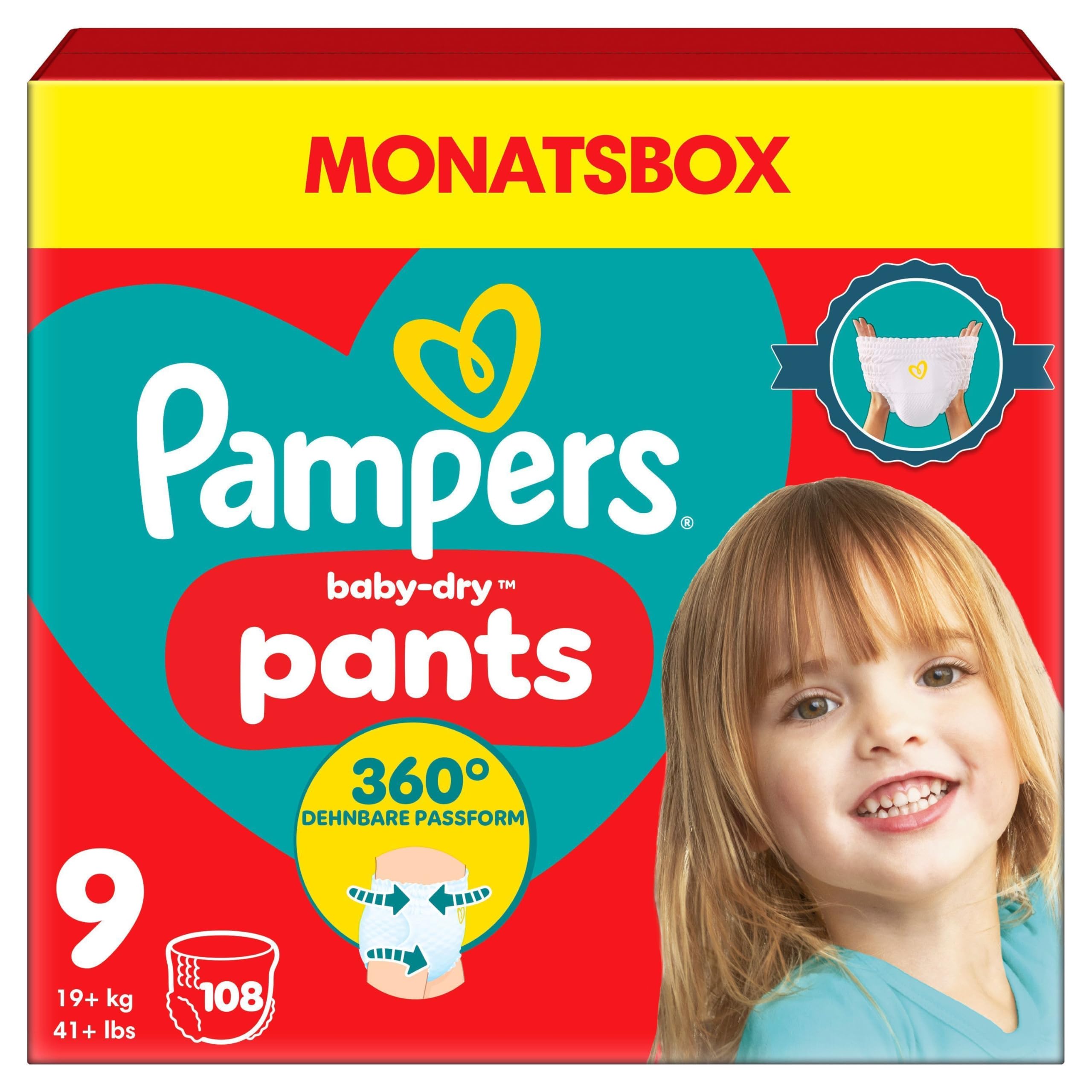 Pampers Baby-Dry Pants Größe 9, 108 Windeln, 19kg+, 360° Passform hilft, Auslaufen zu verhindern