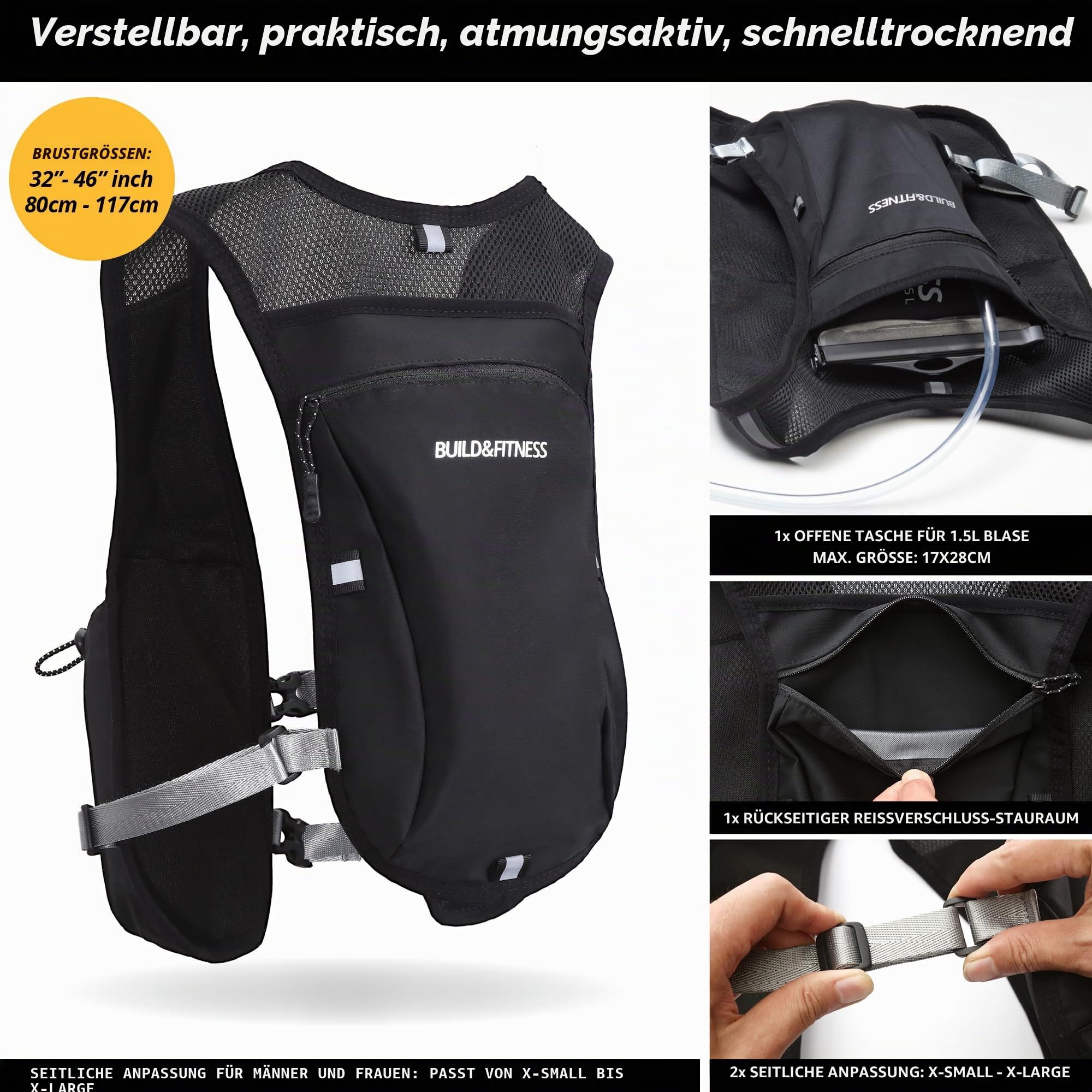 Lauf-Trinkweste für Damen und Herren. Reflektierend, 8 Taschen, schnell trocknend, 1.5L, Verstellbarer Rucksack für Läufe, Radfahren, Trails, Marathons