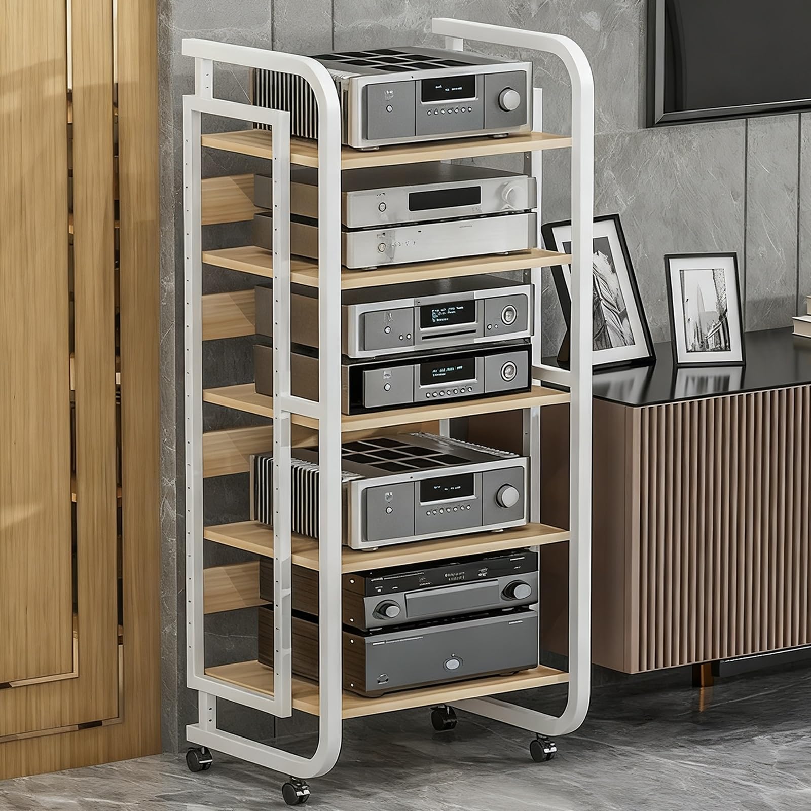 Supporto AV regolabile con ruote, scaffale video a 5 livelli e porta CD per casa, ufficio e teatro, elegante bianco (50 x 42,5 x 110 cm)