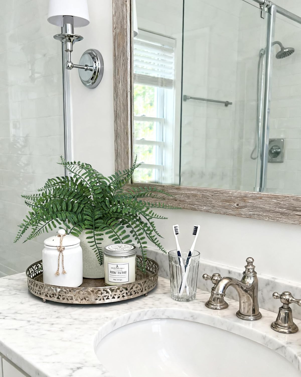 Coferset Realistic Small Fake Fern Plant with Cement Pot,Green | Indoor Artificial Potted Plant for Home Bathroom Shelf Office Desk Farmhouse Coffee Table Decor
