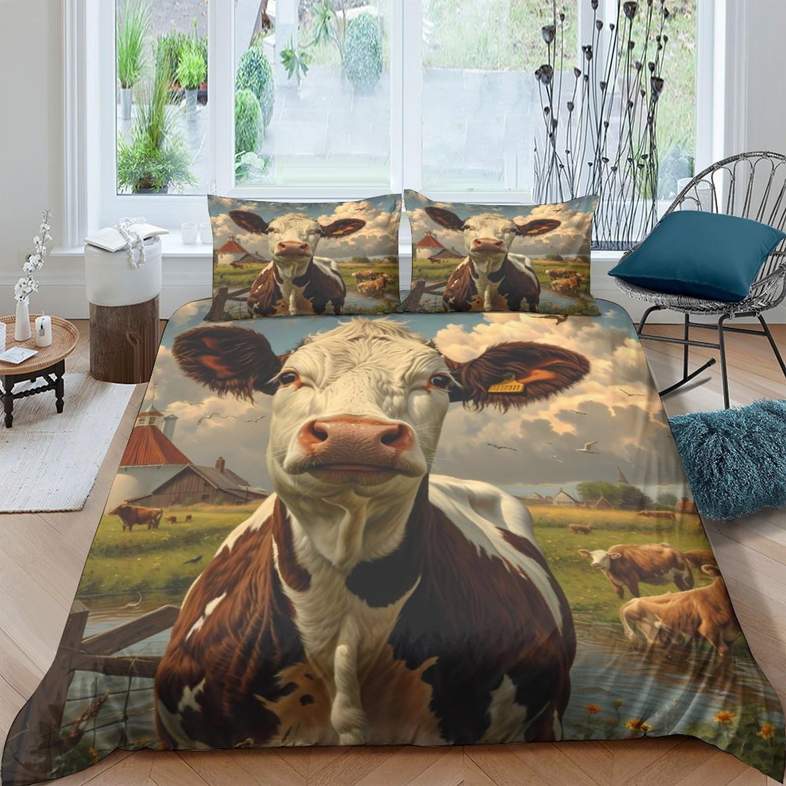 Ctjqhvkz Style-1 3D Printed Pastoral Cow Fitted Sheet Microfiber Soft Farm Landscape Bed Cover For Bedroom Guest Room Decor Single（135X200cm）