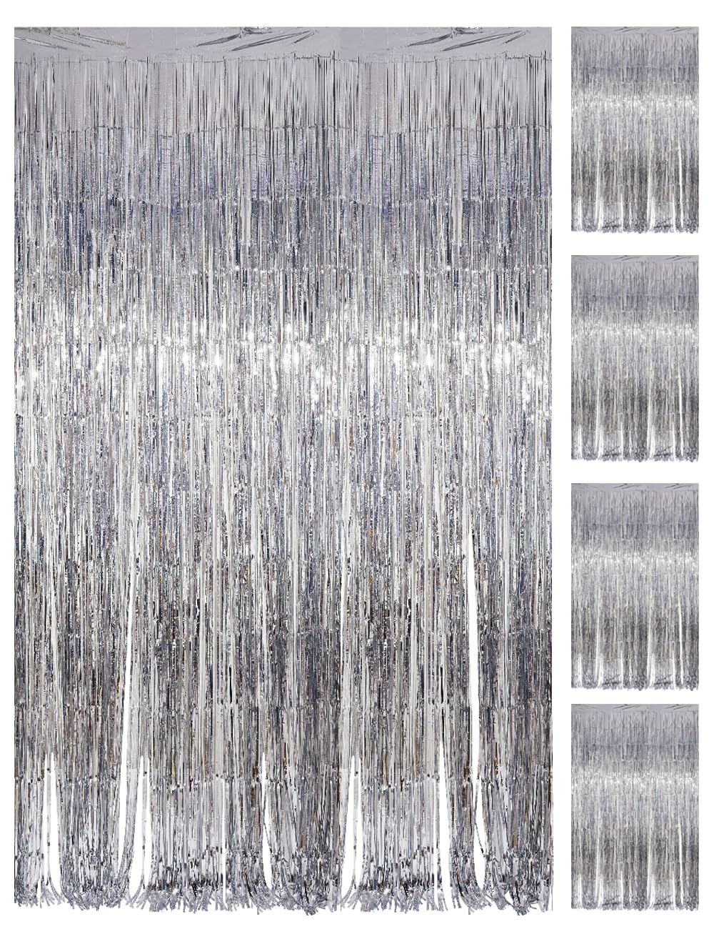 Pvegos Girls Silver 4Pcs 3.3 X 8.3 Ft Laser Glitter Tinsel Curtains Foil Curtain Backdrop.laser Luminescent Particles Foil Fun Fringe Streamers For Party Birthday Decoration,Engagement,School Events