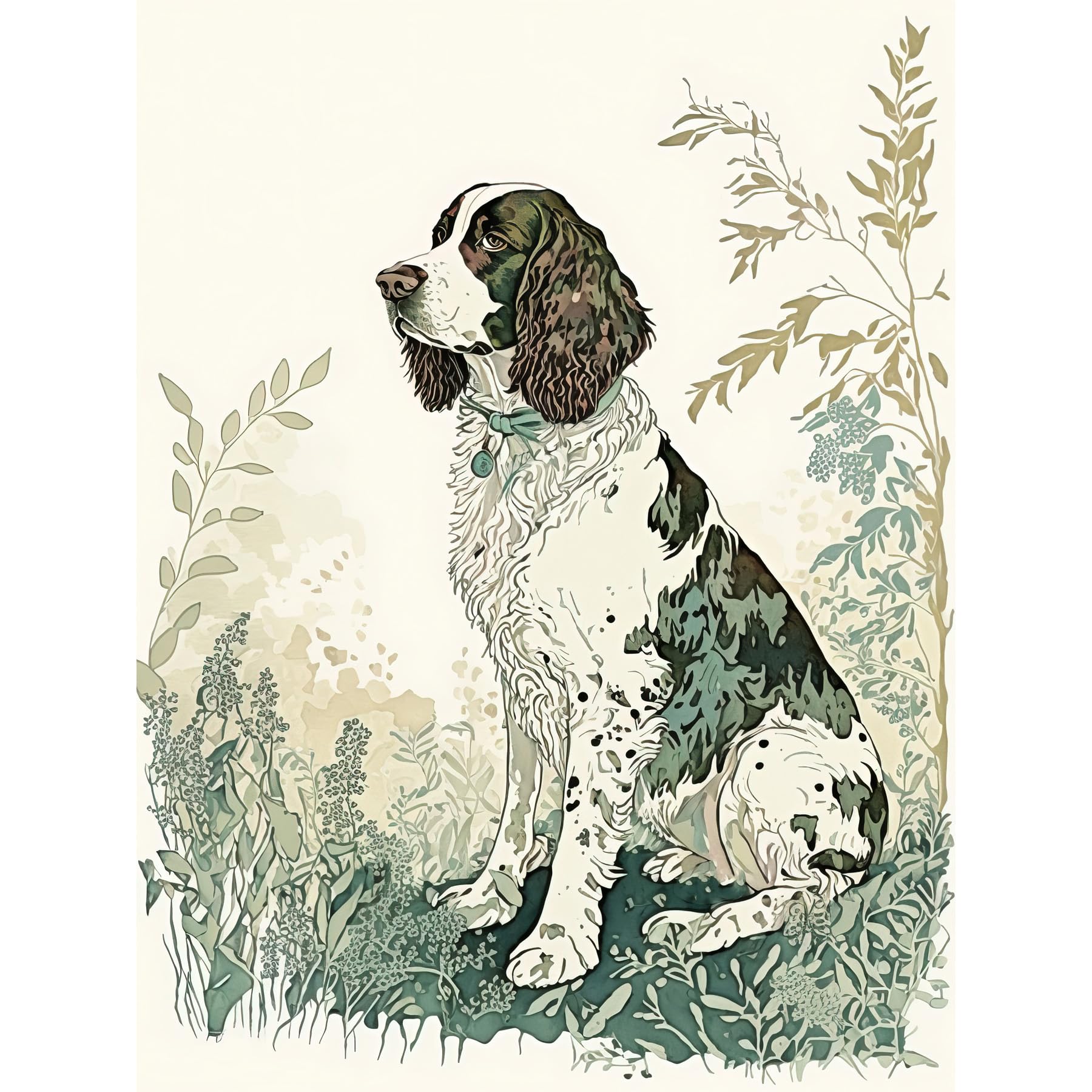 Artery8 English Springer Spaniel Dog in Field Modern Pastel Watercolour Illustration Extra Large XL Wall Art Poster Print