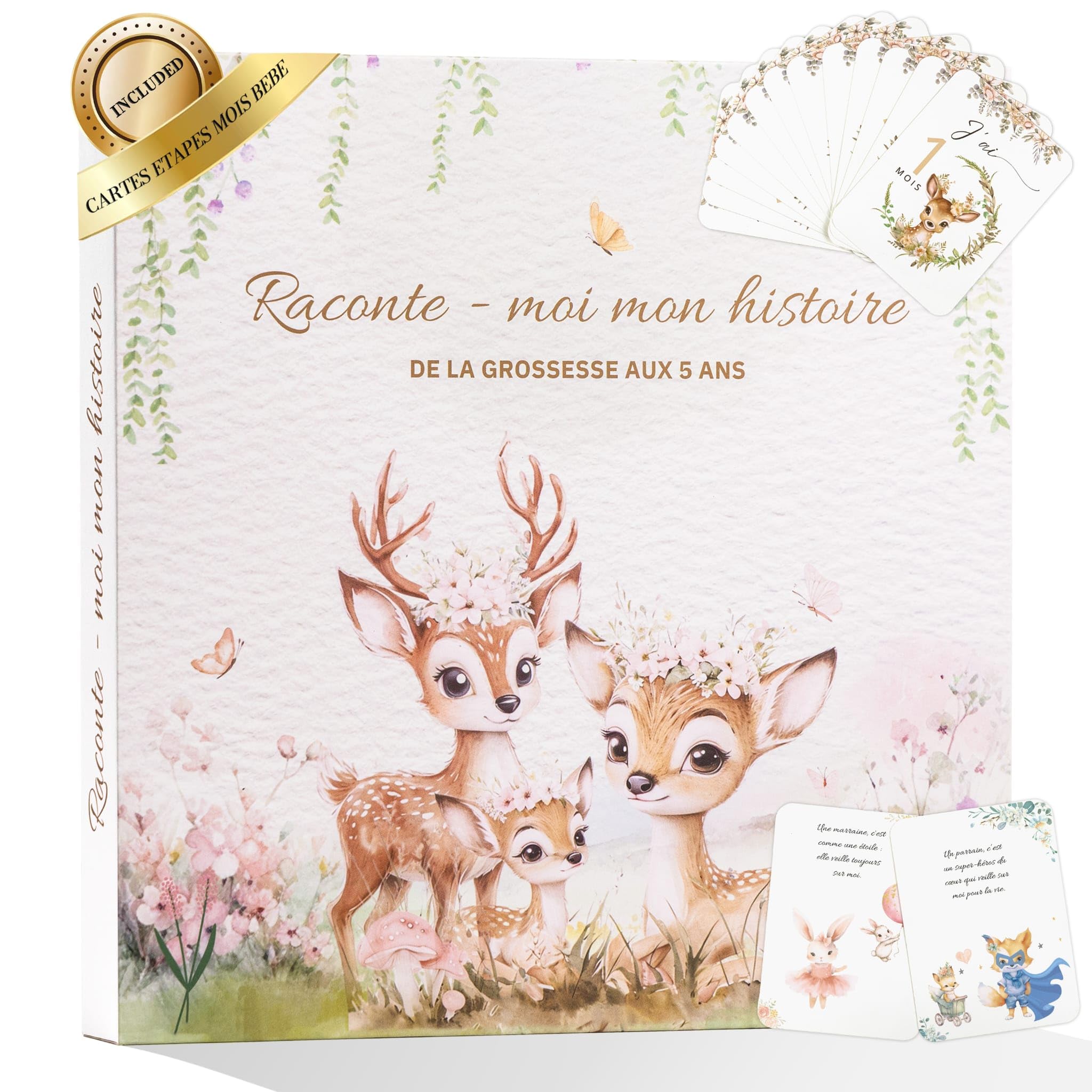 Libro de nacimiento para bebé (113 páginas, 13 cartas, mes al mes, bebé, 2 tarjetas, incluye el anuncio de padrina