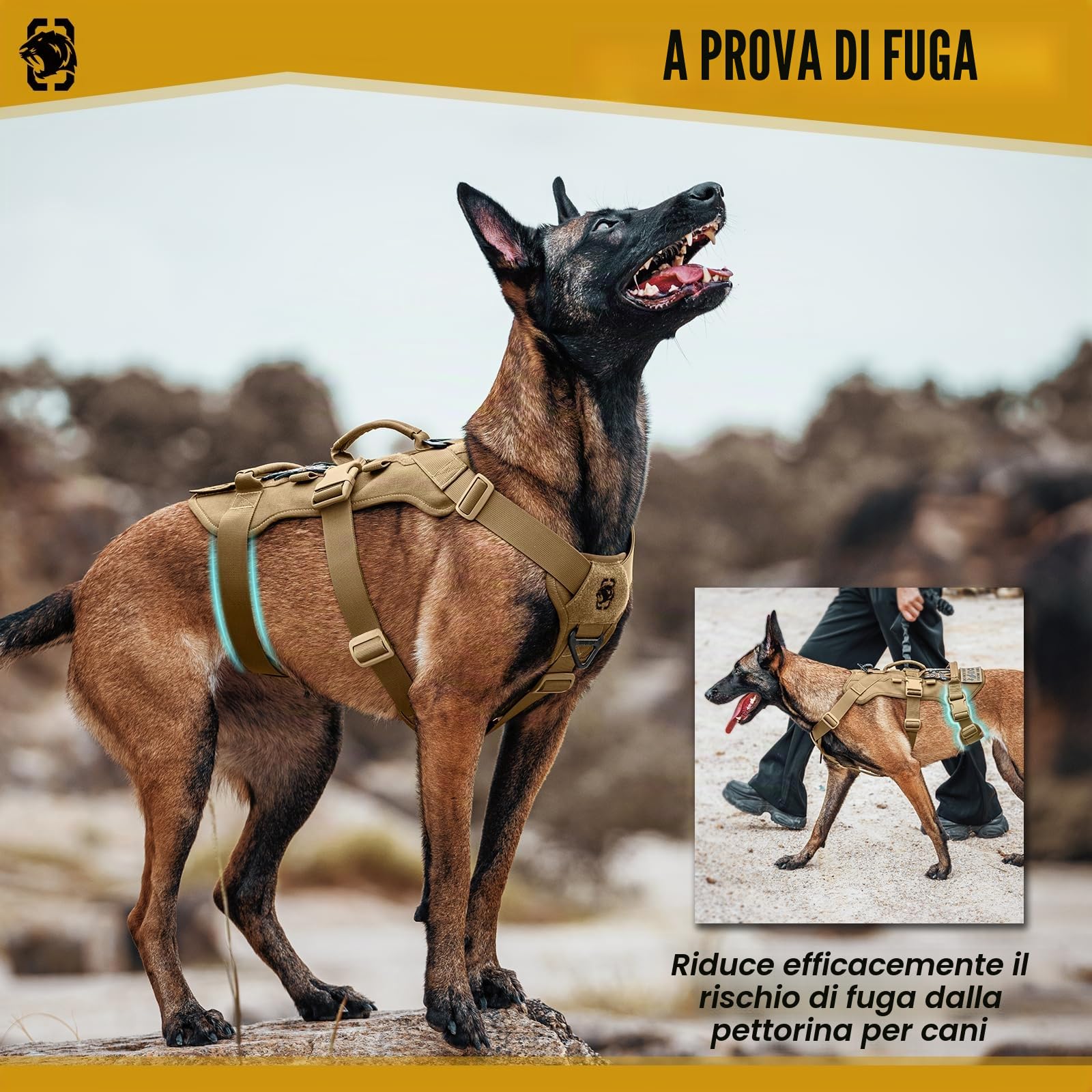 OneTigris Pettorina per cani, T-Bone, tattica con 2 manici, a prova di rottura, regolabile, per cani, caccia, escursionismo, allenamento, passeggiate, attività all'aperto (marrone, M)