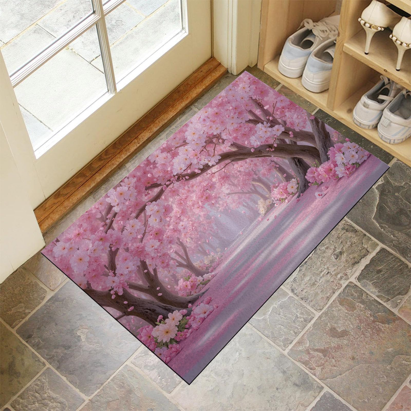 Paillasson d'intérieur rose motif arbres en fleurs pour entrée et porte arrière