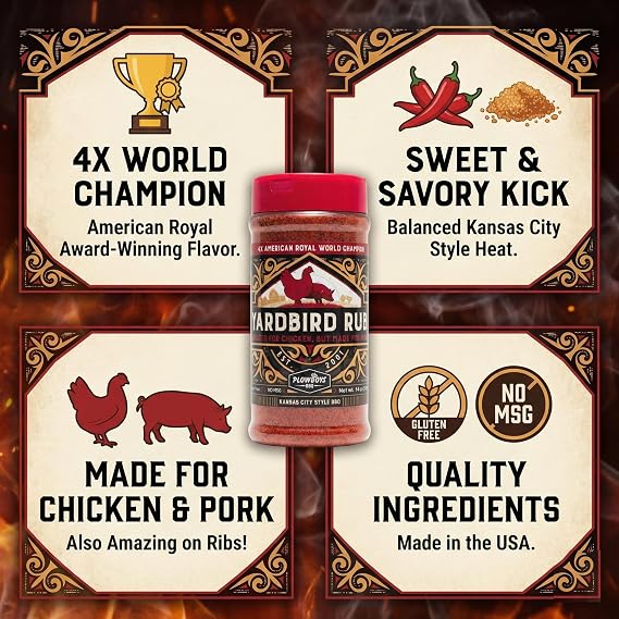 Plowboys BBQ Yardbird Rub, Award Winning Kansas City Style Seasoning for Chicken and Pork, Sweet and Savory Spice Blend with a Kick, Gluten Free, No MSG, 14 oz Bottle - Made in the USA
