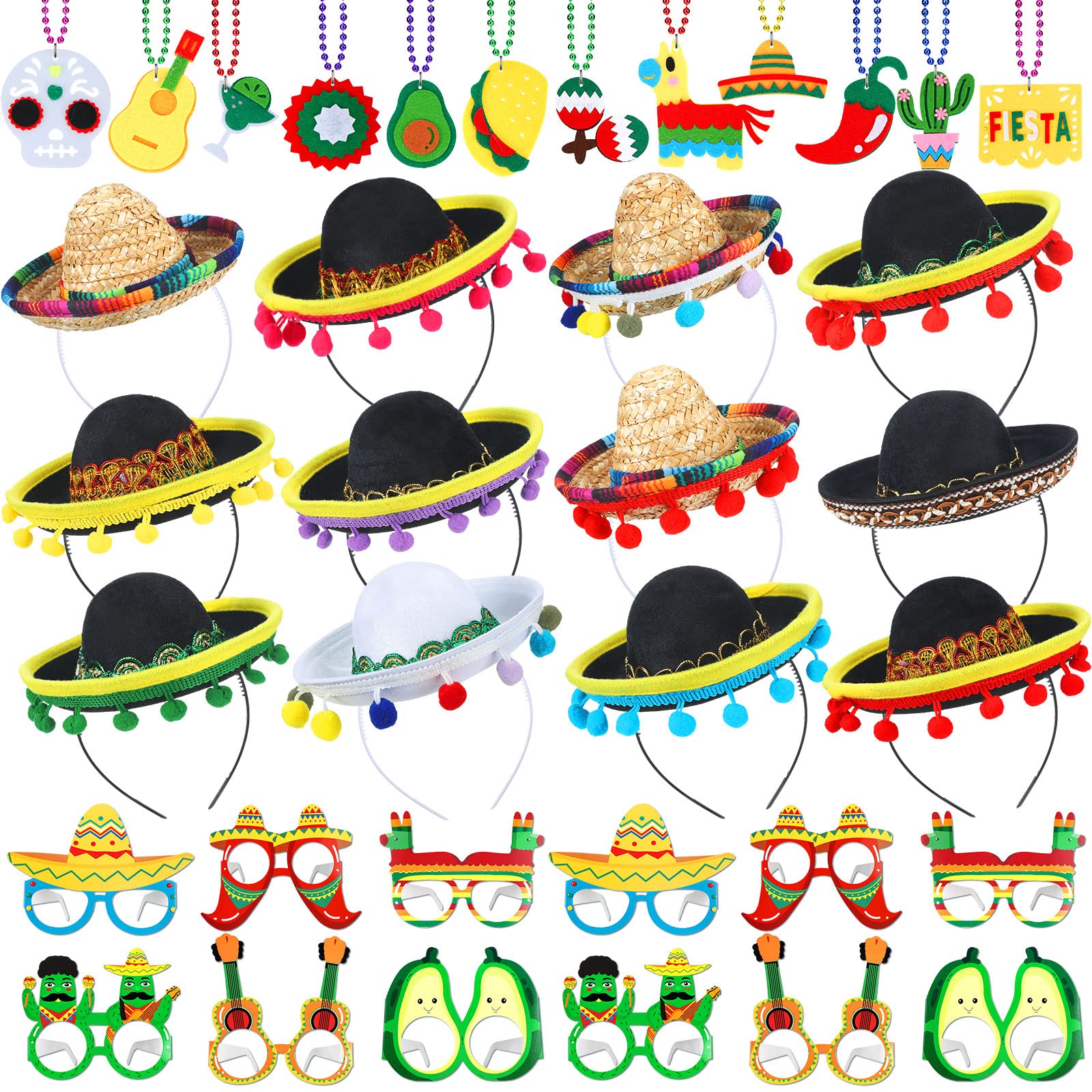 36 Pcs Cinco De Mayo Fiesta Party Supplies Set, 12 Sombrero Headbands Mini Sombrero Hats 12 Mexican Themed Paper Eyeglasses 12 Cinco De Mayo Necklaces for Fiesta Party Decorations
