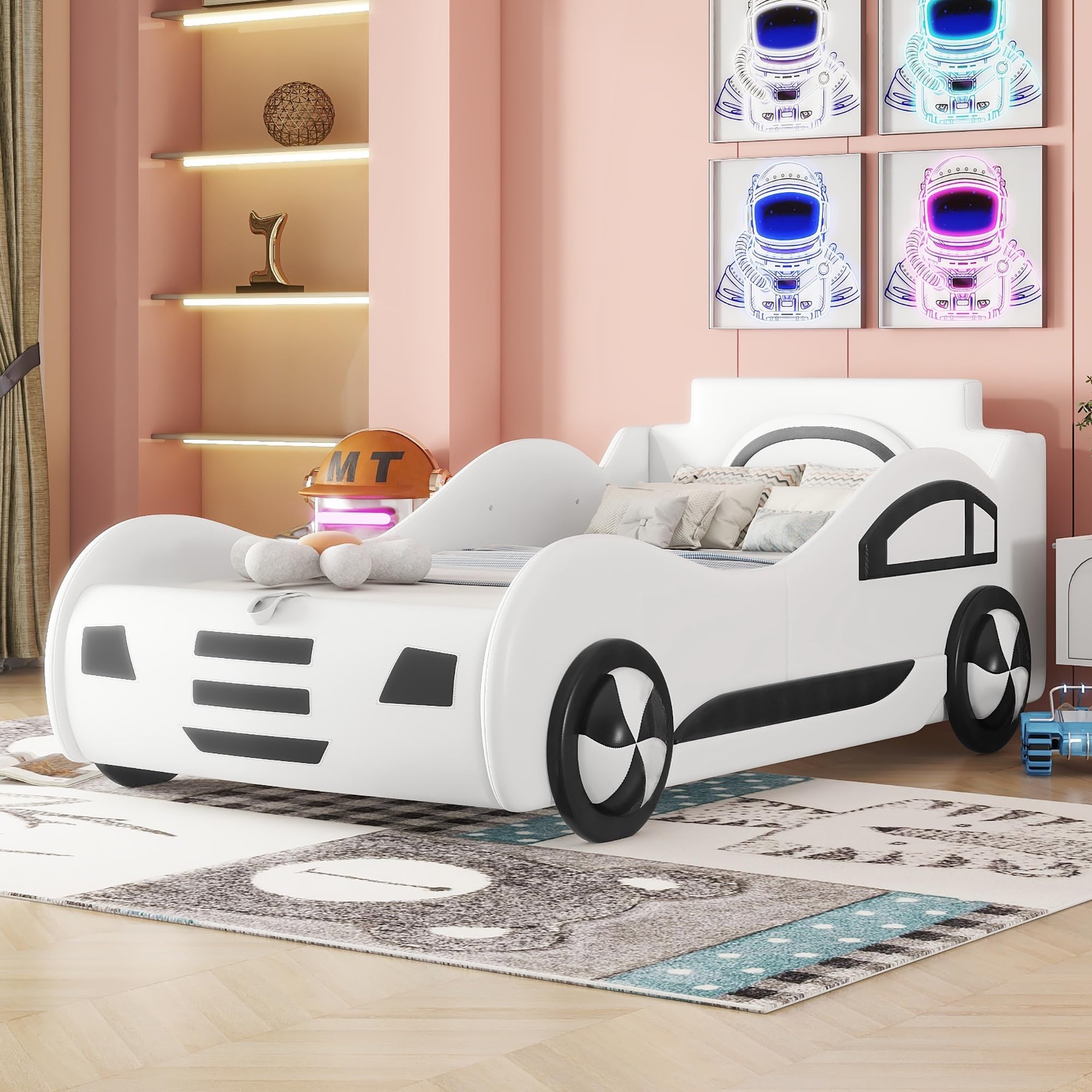 Zepneiy Lit Enfant 90x200 avec Espace de Rangement, Lit Voiture Garcon avec à Lattes, Cadre de lit Simple aus PU Blanc (sans Matelas)