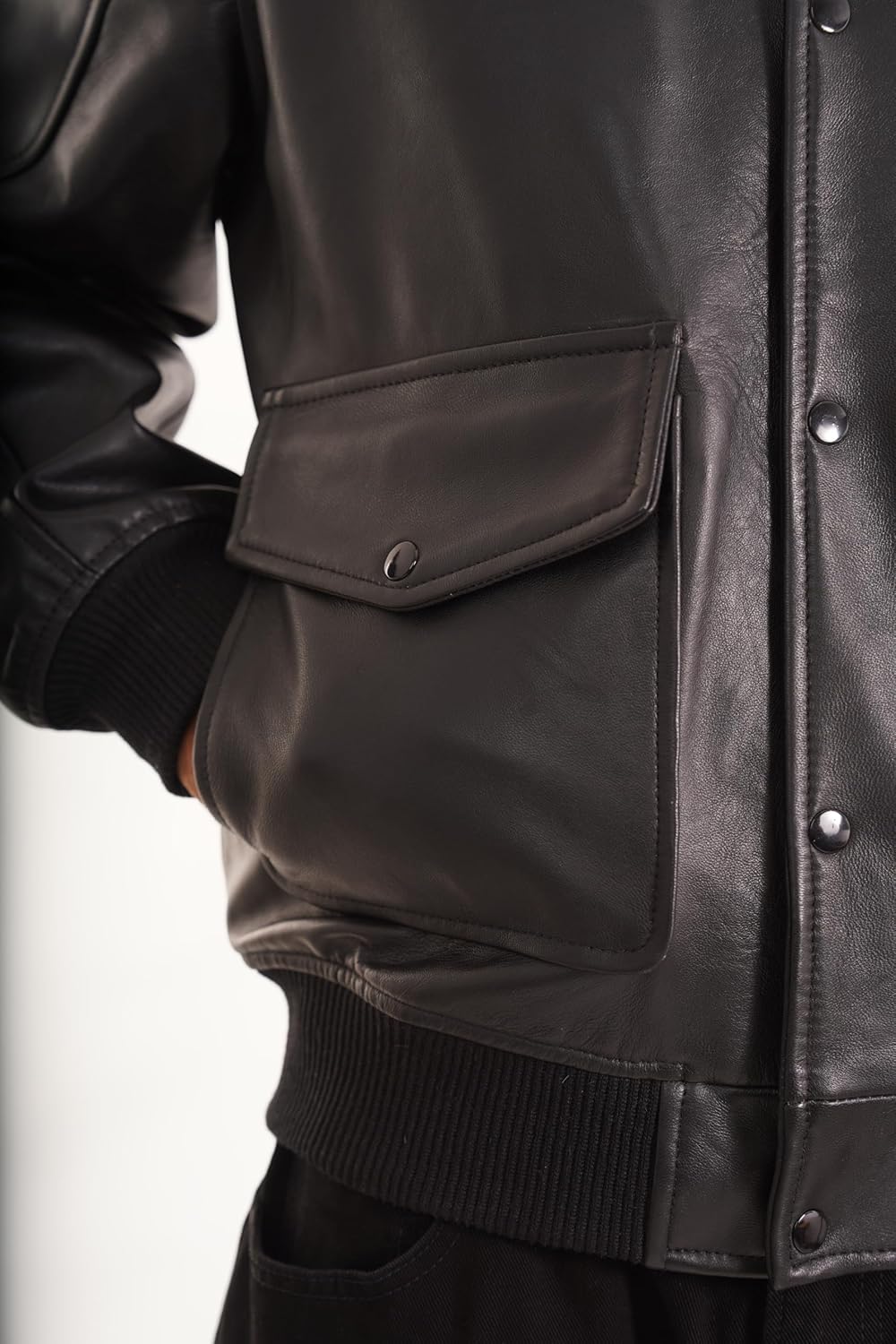 Men's Black Genuine Lambskin Bomber Motorcycle Leather Jacket | Button-Up Closure | Dual-Side Pockets