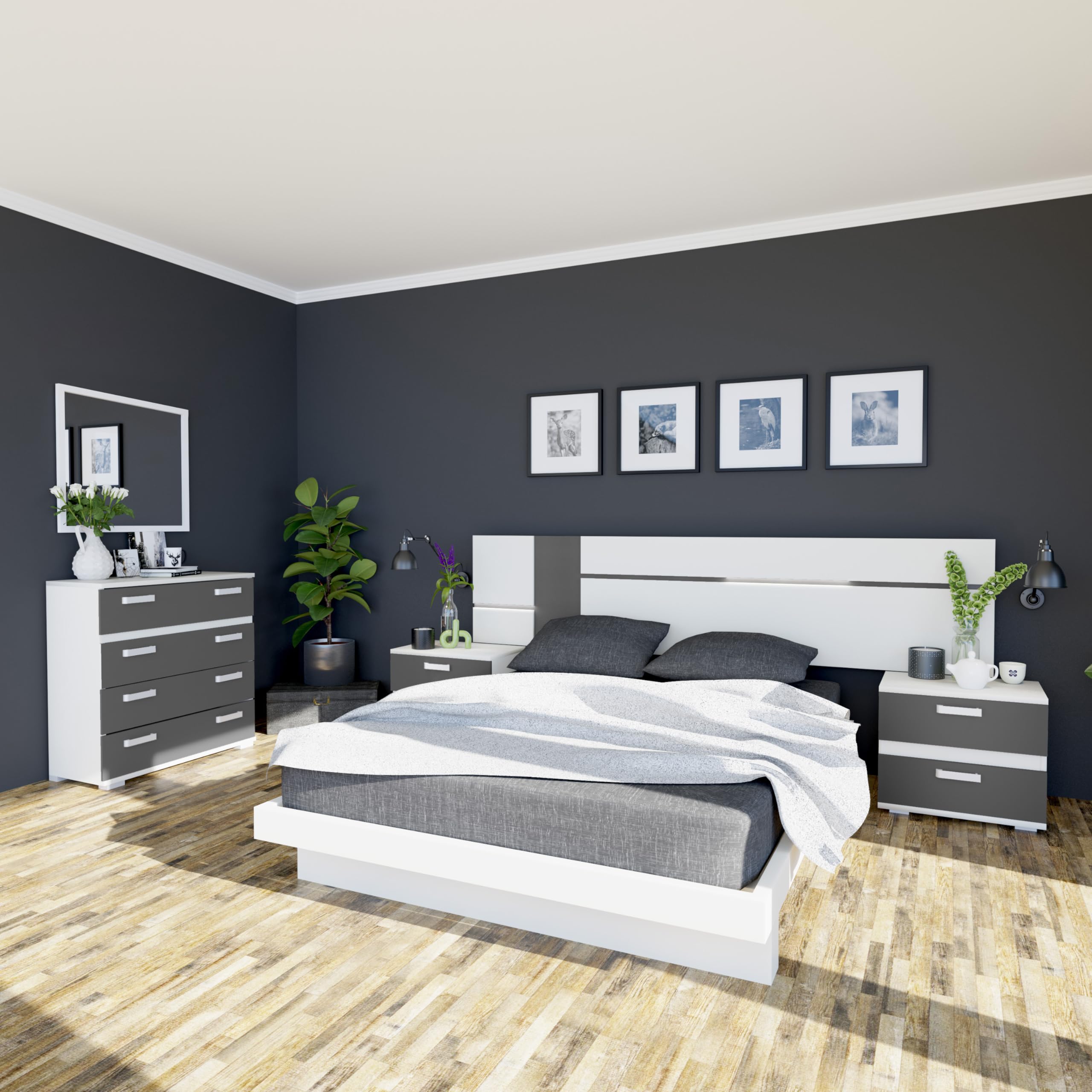 duehome | Pack Cabecero con Leds y 2 Mesitas de Noche, Dormitorio Doble, Dormitorio Completo, Modelo Ataneq Air, Acabado en Blanco y Grafito