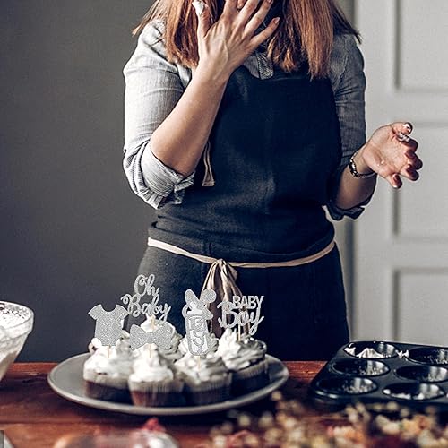 Miniatura 7 de Paquete de 24 adornos para cupcakes para bebés, niños y niñas, con purpurina para chupete, enterizo con lazo, revelación de género, para cupcakes,