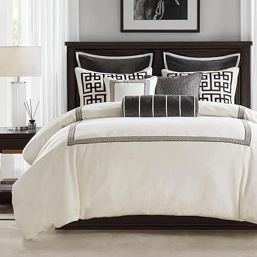Madison Park King Comforter Set Hotel Style Embroidered, Oversized Comforters King Size Bed, All Season Down Alternative Overfilled Size Comforter, Jarvis, Black/White 9 Piece