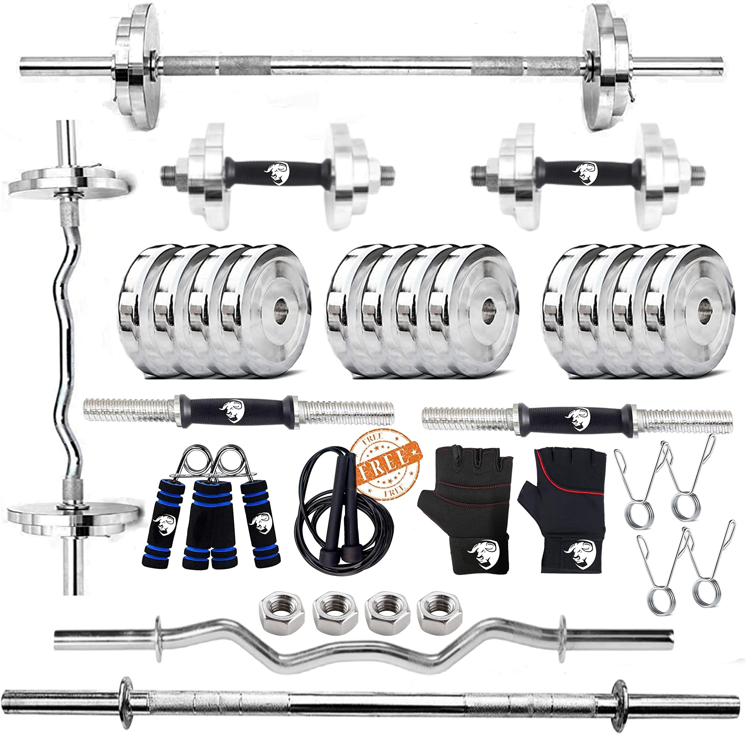 BULLAR Steel Home Gym Set with 5Ft Straight Rod, Curl bar, (10kg-70Kg) Steel Weight Plates Combo, Gym Equipment for Home Workout Exercise Kit for Fitness (S30KG (5KGX4,2.5KGX4)/4FT/5FT/SDM/ACC) Silver