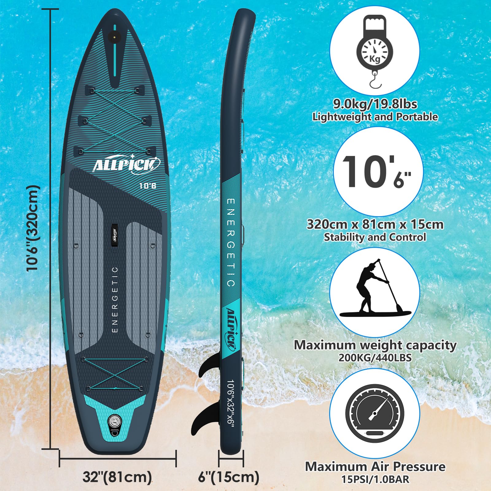 ALLPICK Sup Gonfiabile, Stand Up Paddle Board Gonfiabile, Con Supporto Universale per Fotocamera, Accessori Completi, Tavola da Sup Surf, Principianti e Avanzati, 150kg/180kg