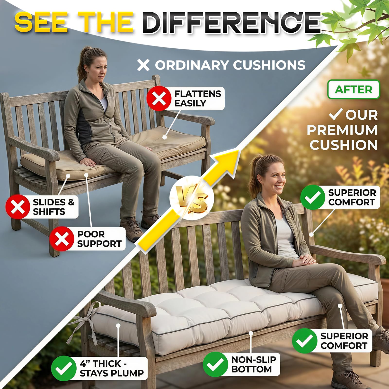 Outdoor Bench Cushion, Tufted Patio Seat Pad for Garden Bench, Porch Swing, Indoor/Outoor Furniture (Blue, 122X46X10cm) - 3