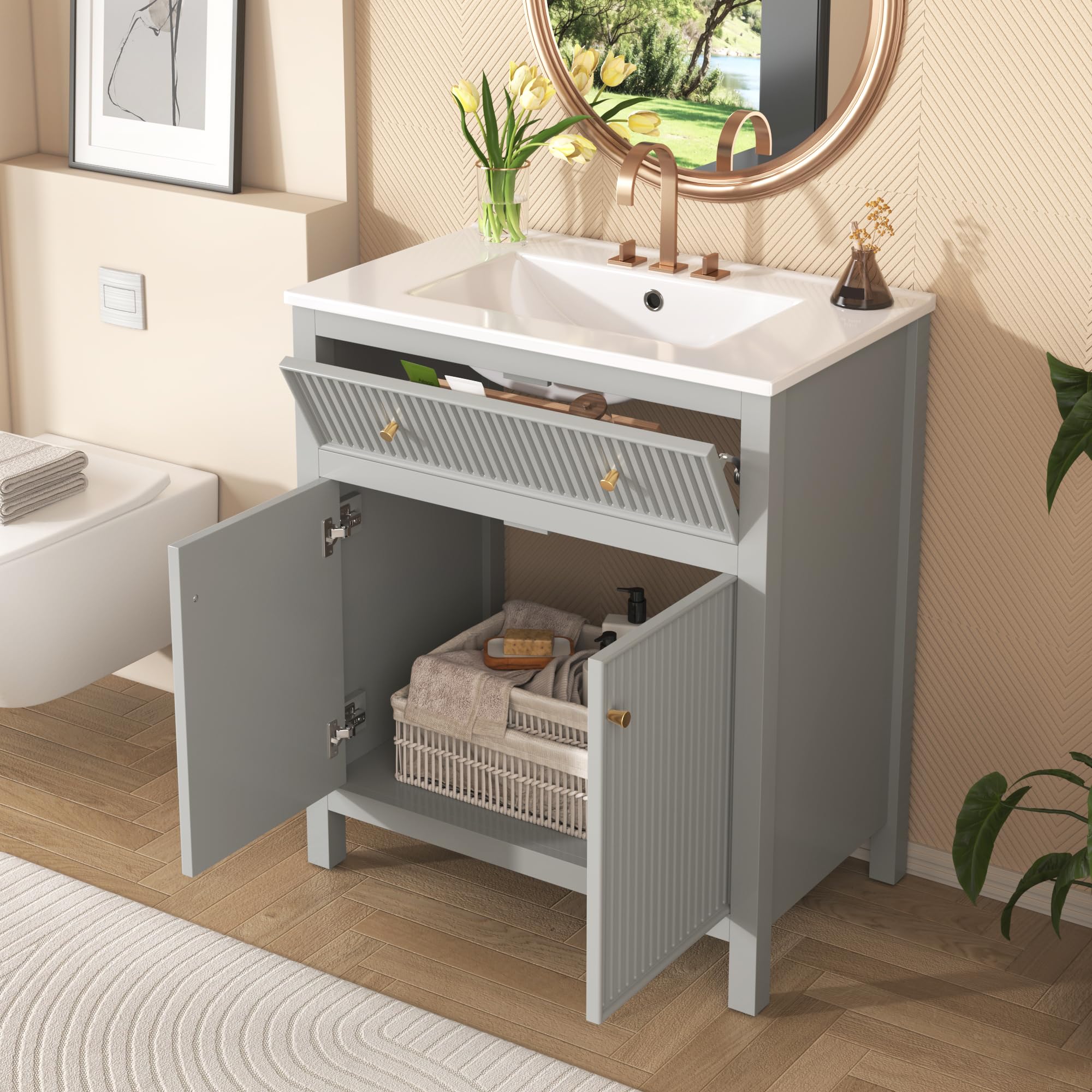GM Ultra 30 Inch Bathroom Vanity with Ceramic Sink Combo, Modern Simple Style Bathroom Cabinet with 1 Storage Cabinet and 1 Tip-Out Drawer, Freestanding Bathroom Storage Vanity, Grey