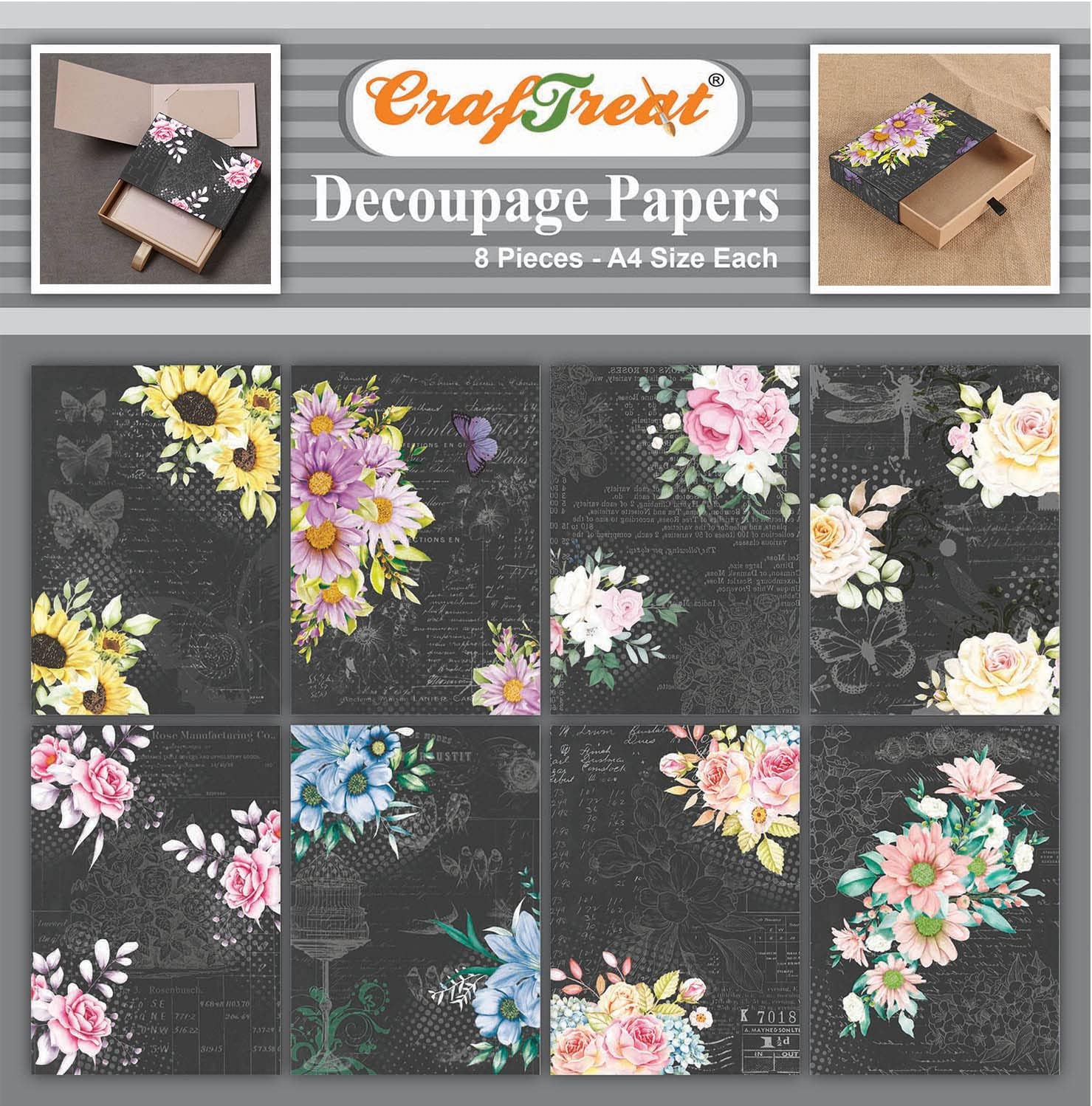 CrafTreat Dark Florals Flower Decoupage Paper – A4 (8.3 x 11.7 Inch), 8 Sheets – Decorative Floral Craft Paper for Furniture & DIY Projects