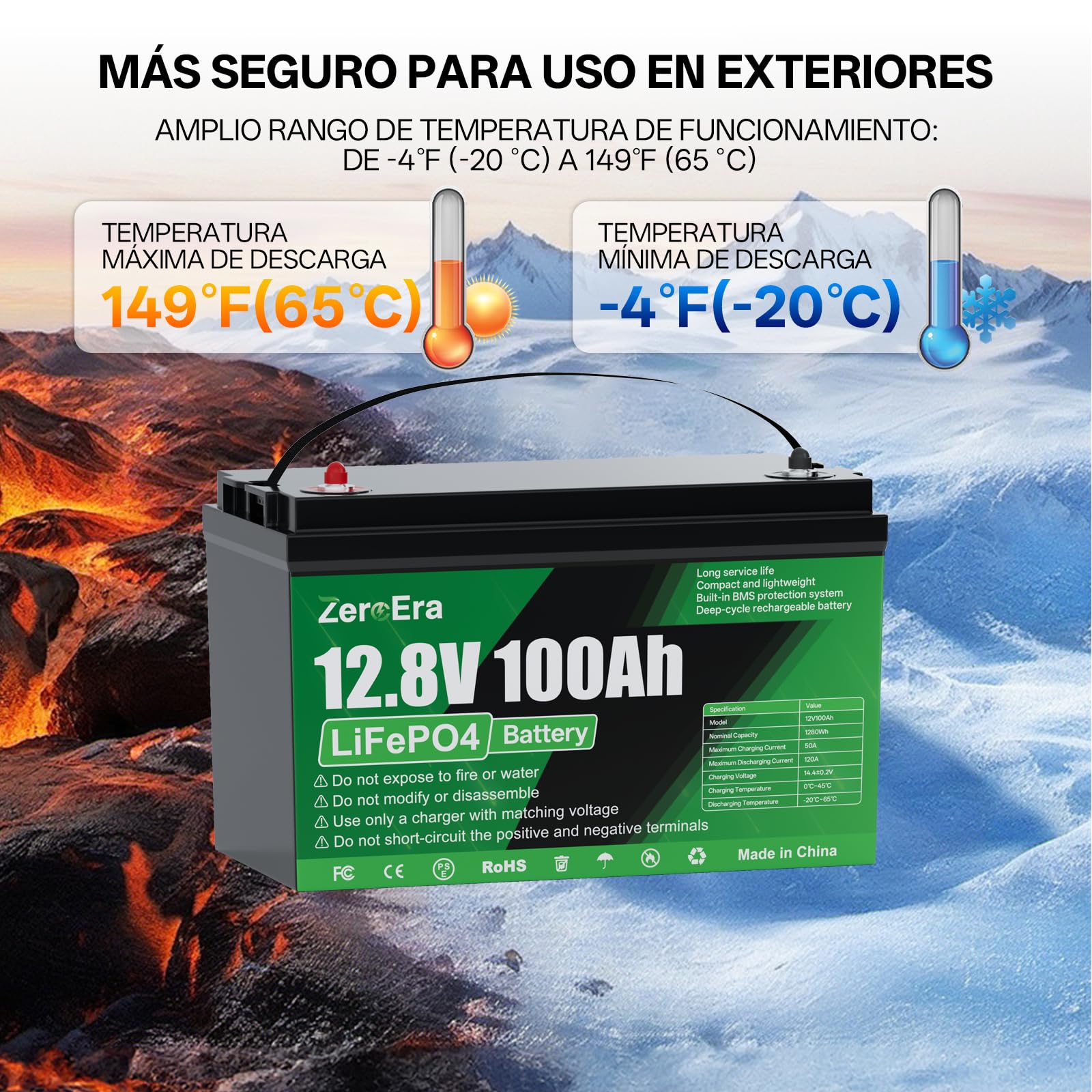 Batería LiFePO4 12V 100Ah,Batería de Litio de 1280Wh con Protección de Baja Temperatura de 100A BMS,Ciclo Profundo 10000-15000,Admite Conmutación en Serie/Paralelo(1 * 12V 100AH)