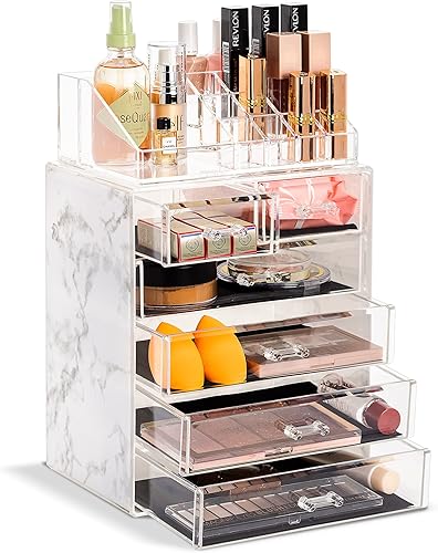 Sorbus Juego de organizador de maquillaje acrílico, 6 cajones para tocador y encimera con compartimentos pequeños y anchos, almacenamiento de