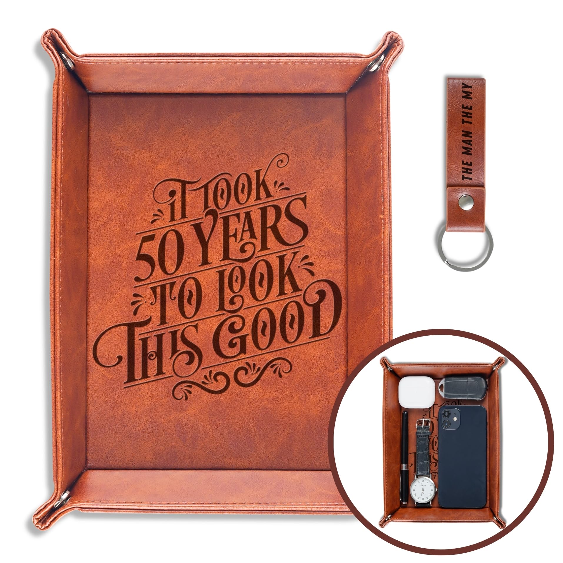 INNObeta 50th Birthday Gifts for Men, Him, Valet Tray for Male, Bedside Tray with Keychain - It Took 50 Years to Look This Good